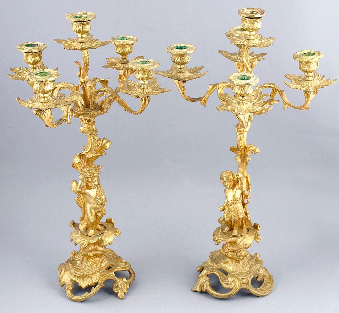 German Pair of Five-Candle Candelabra Bronze and Gilded Bronze, circa 1900 For Sale