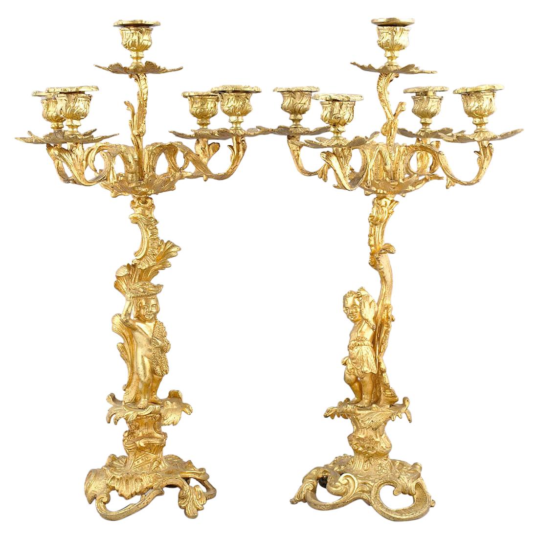 Pair of Five-Candle Candelabra Bronze and Gilded Bronze, circa 1900 For Sale