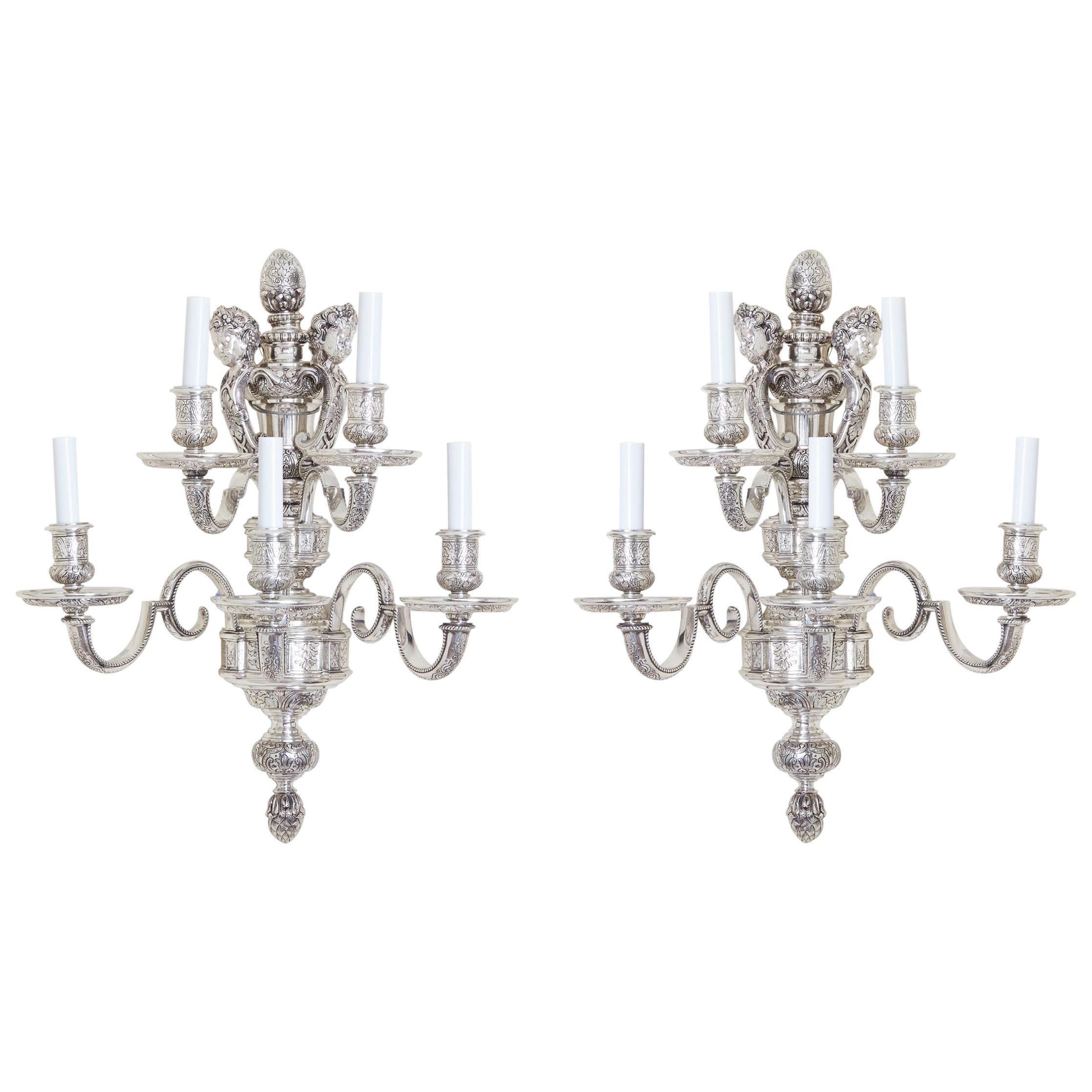 Pair of Caldwell Sconces, Five Light Sconces, Silver Nickel, 1920, Newly Wired