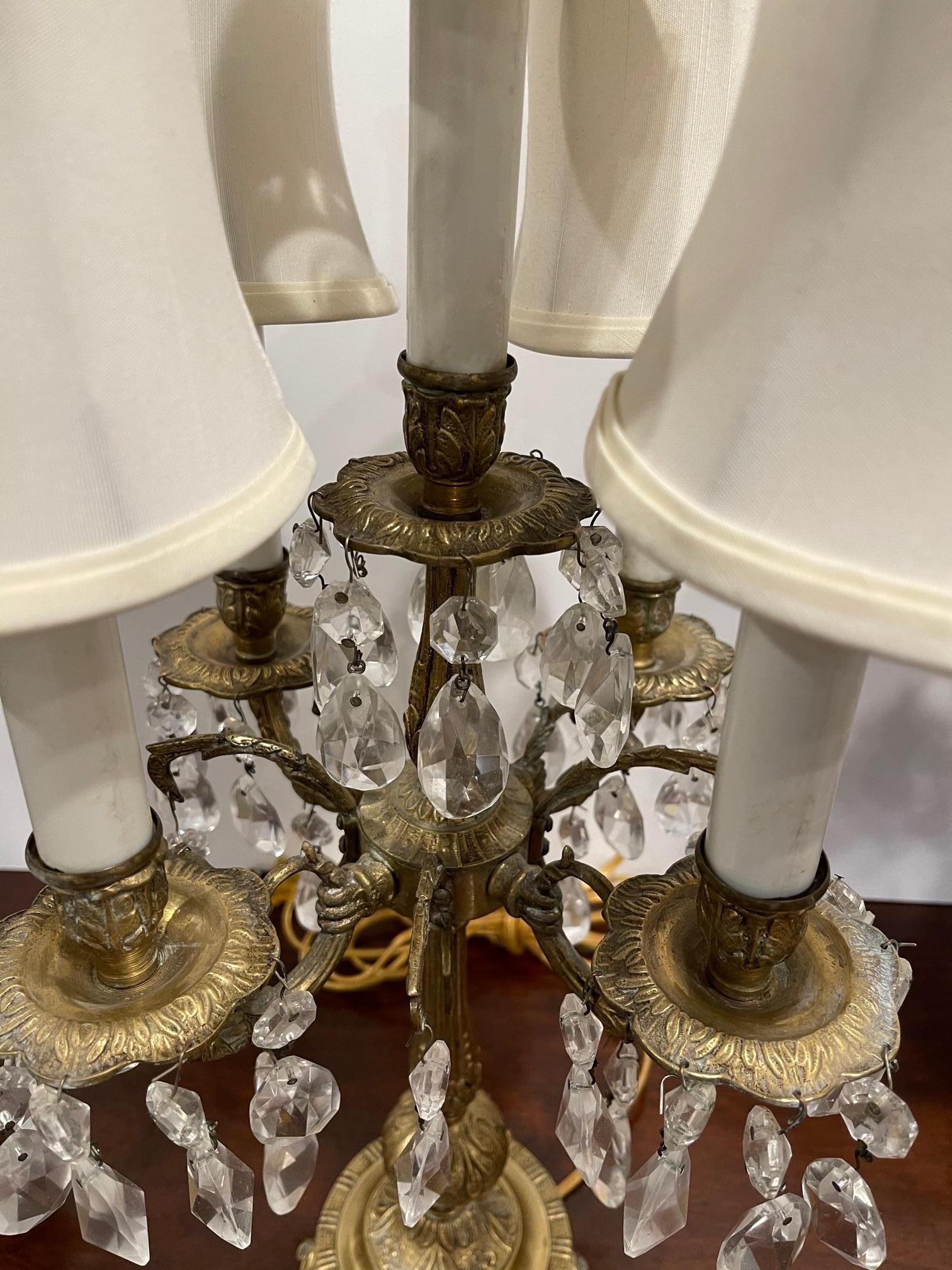 Pair of Five Light Candelabra Adapted as Lamps Adorned with Prisms, 19th Century In Good Condition In Savannah, GA