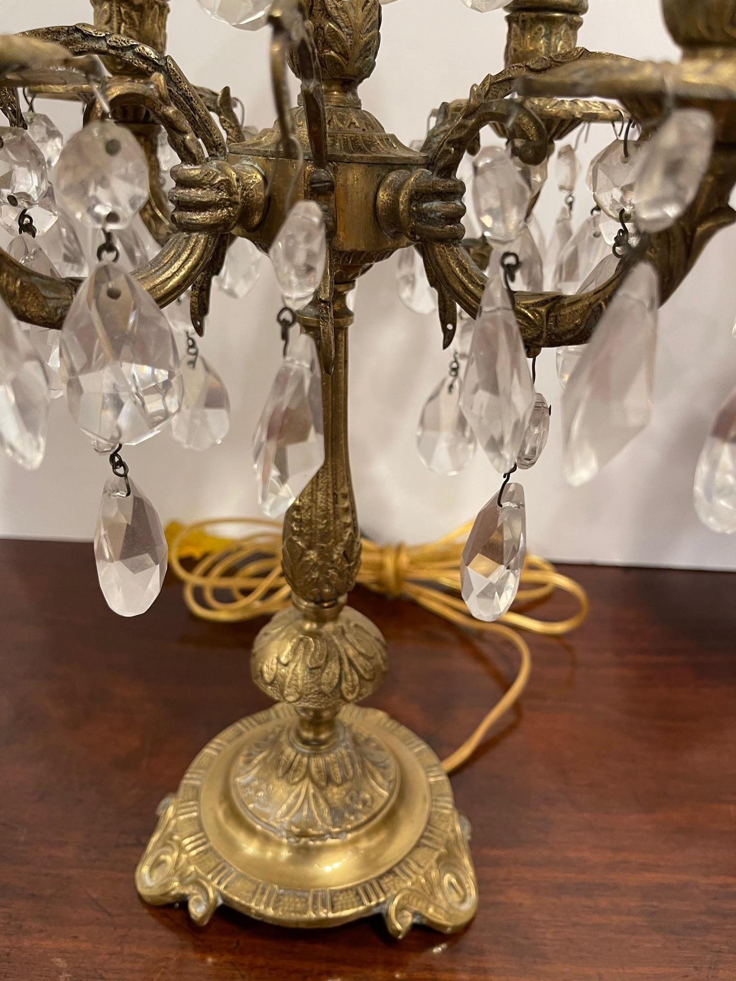 Brass Pair of Five Light Candelabra Adapted as Lamps Adorned with Prisms, 19th Century