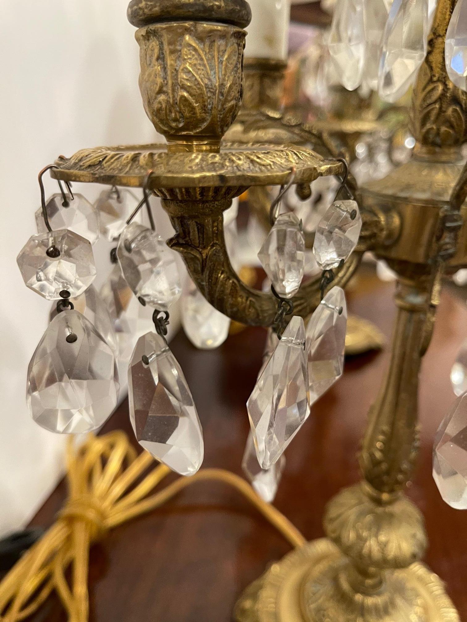 Pair of Five Light Candelabra Adapted as Lamps Adorned with Prisms, 19th Century 2