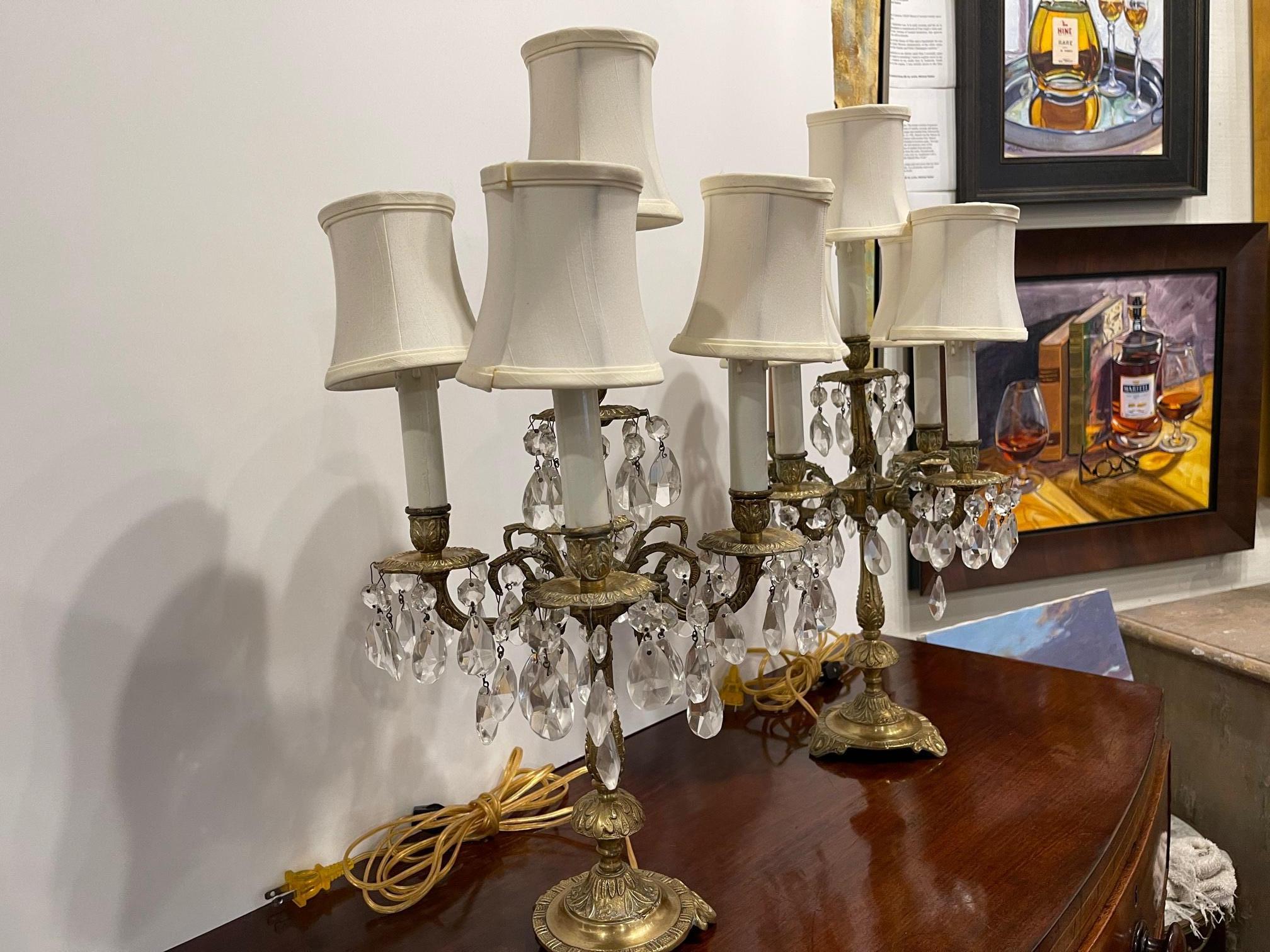 Pair of Five Light Candelabra Adapted as Lamps Adorned with Prisms, 19th Century 3