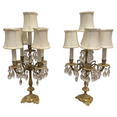 Pair of Five Light Candelabra Adapted as Lamps Adorned with Prisms, 19th Century