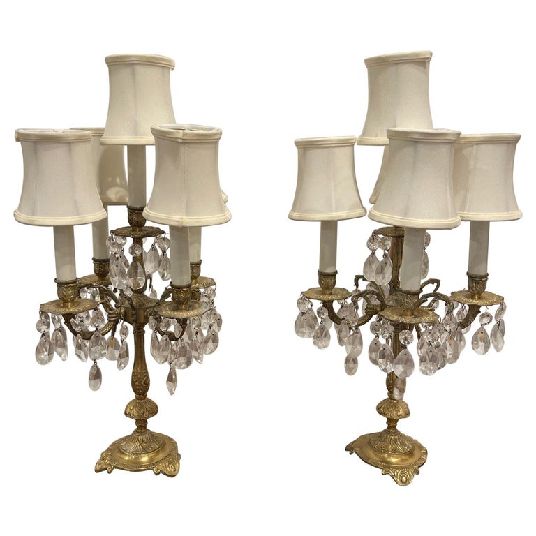 Pair of Five Light Candelabra Adapted as Lamps Adorned with Prisms
