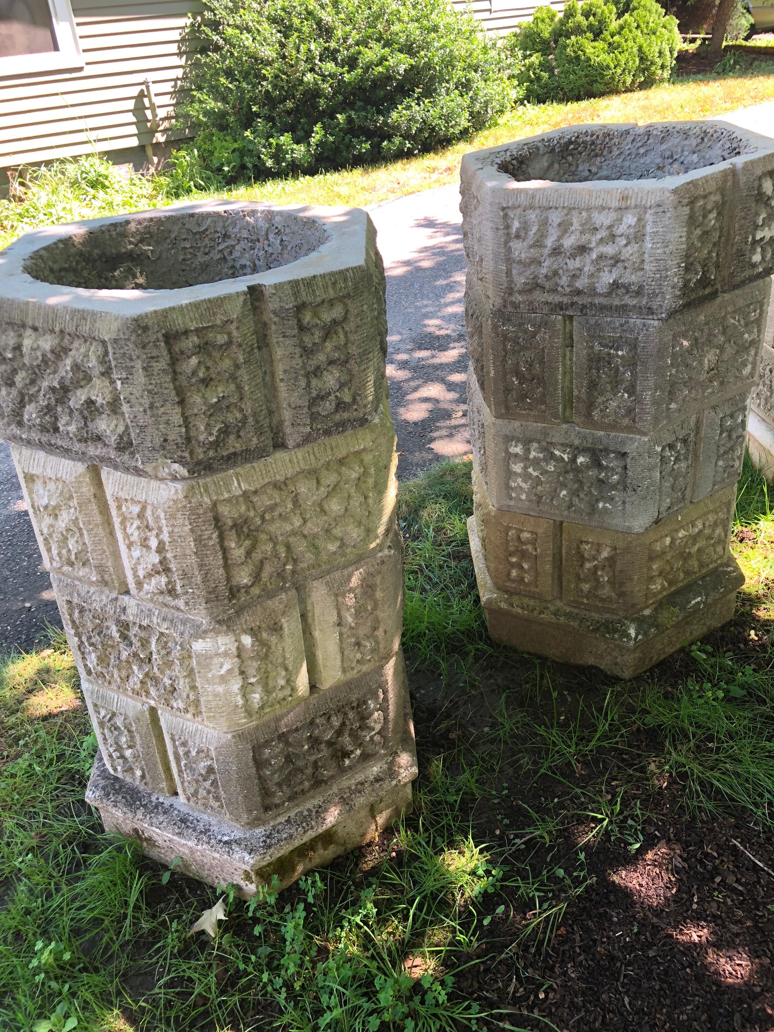Gothic Revival Pair of Five-Tier French Octagonal Stackable Cast Stone Planters For Sale