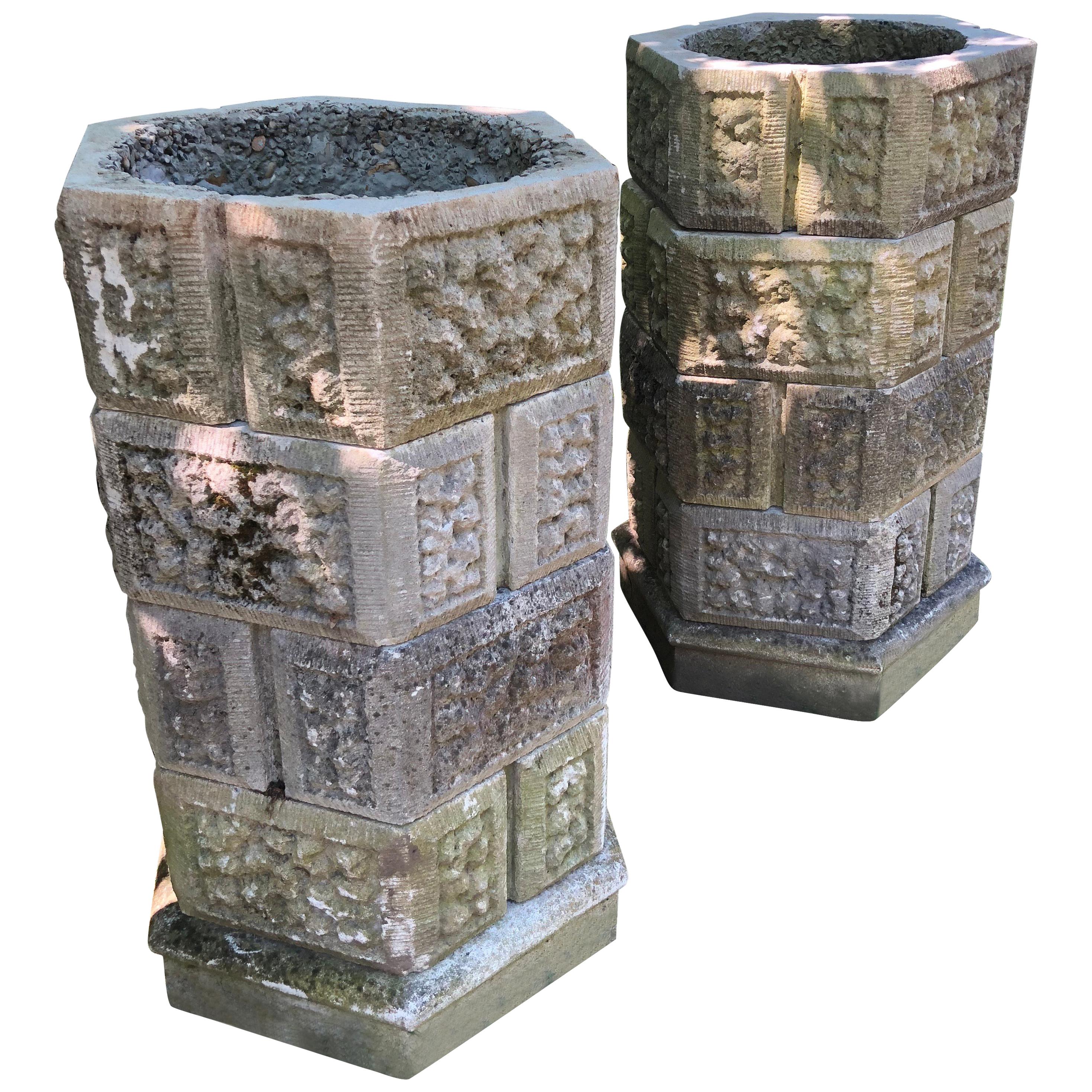 Pair of Five-Tier French Octagonal Stackable Cast Stone Planters For Sale