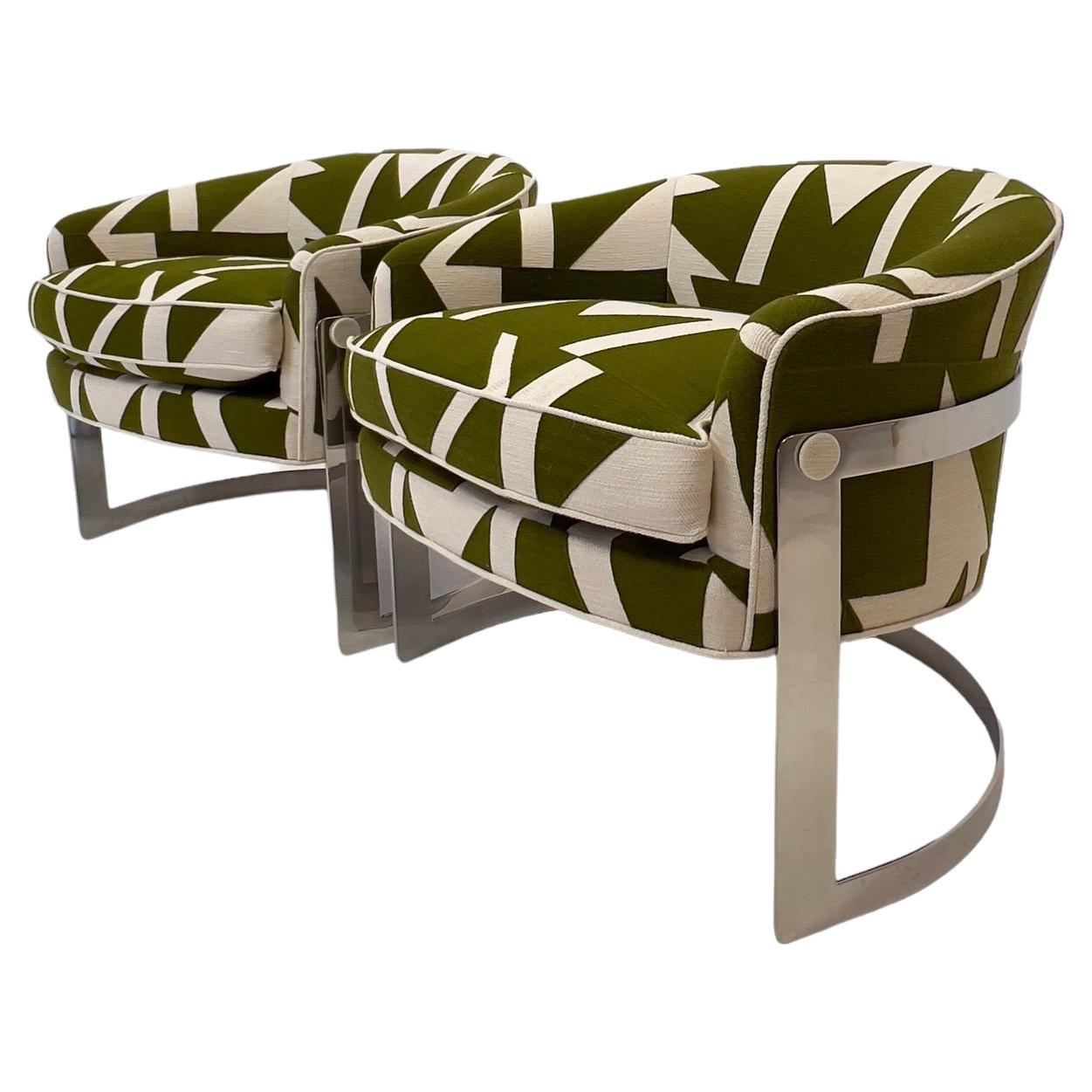 Pair of Flair Chrome Barrel Chairs in Pierre Frey Wokabi Fabric For Sale
