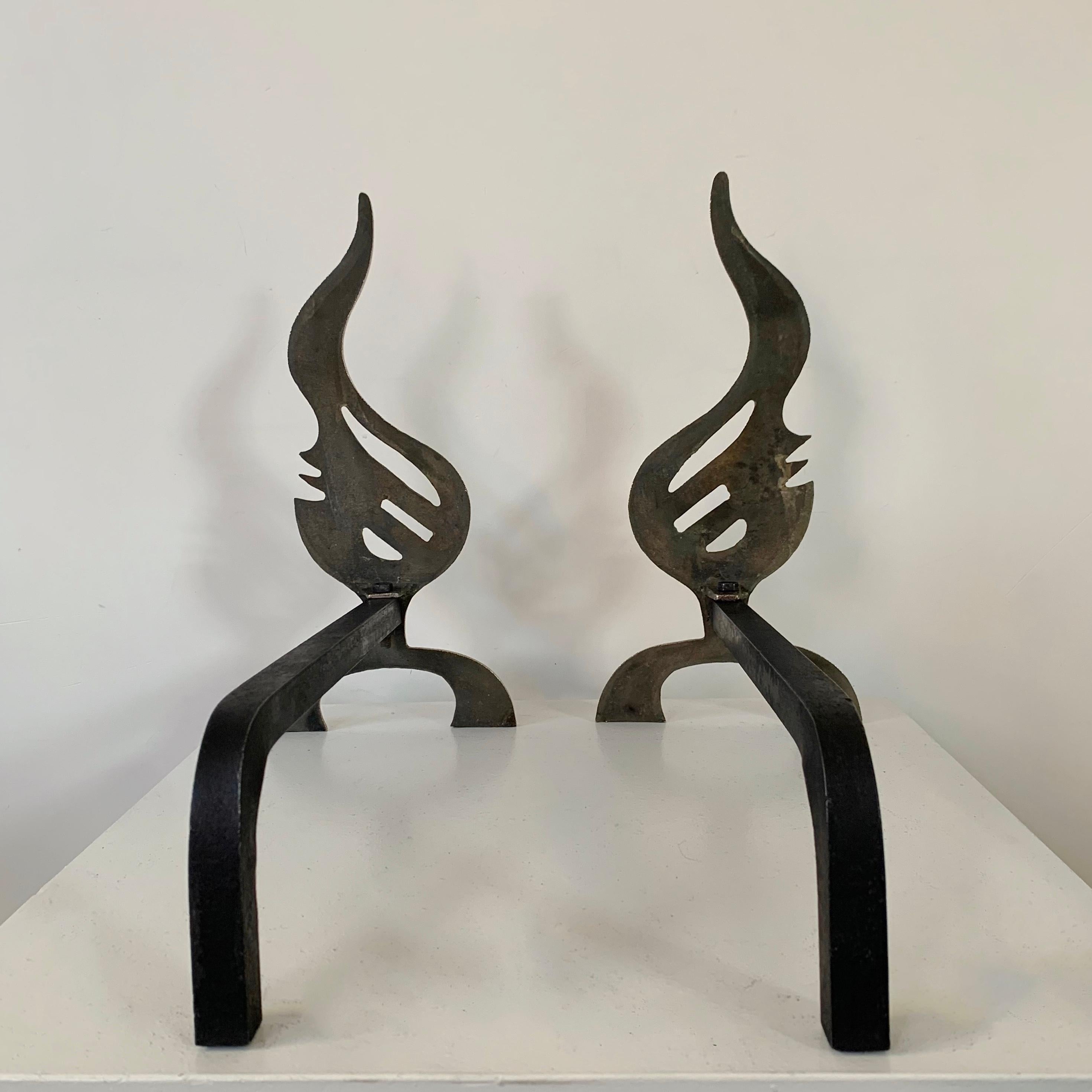 Pair of Flame Brass Andirons, circa 1960, France. For Sale 5