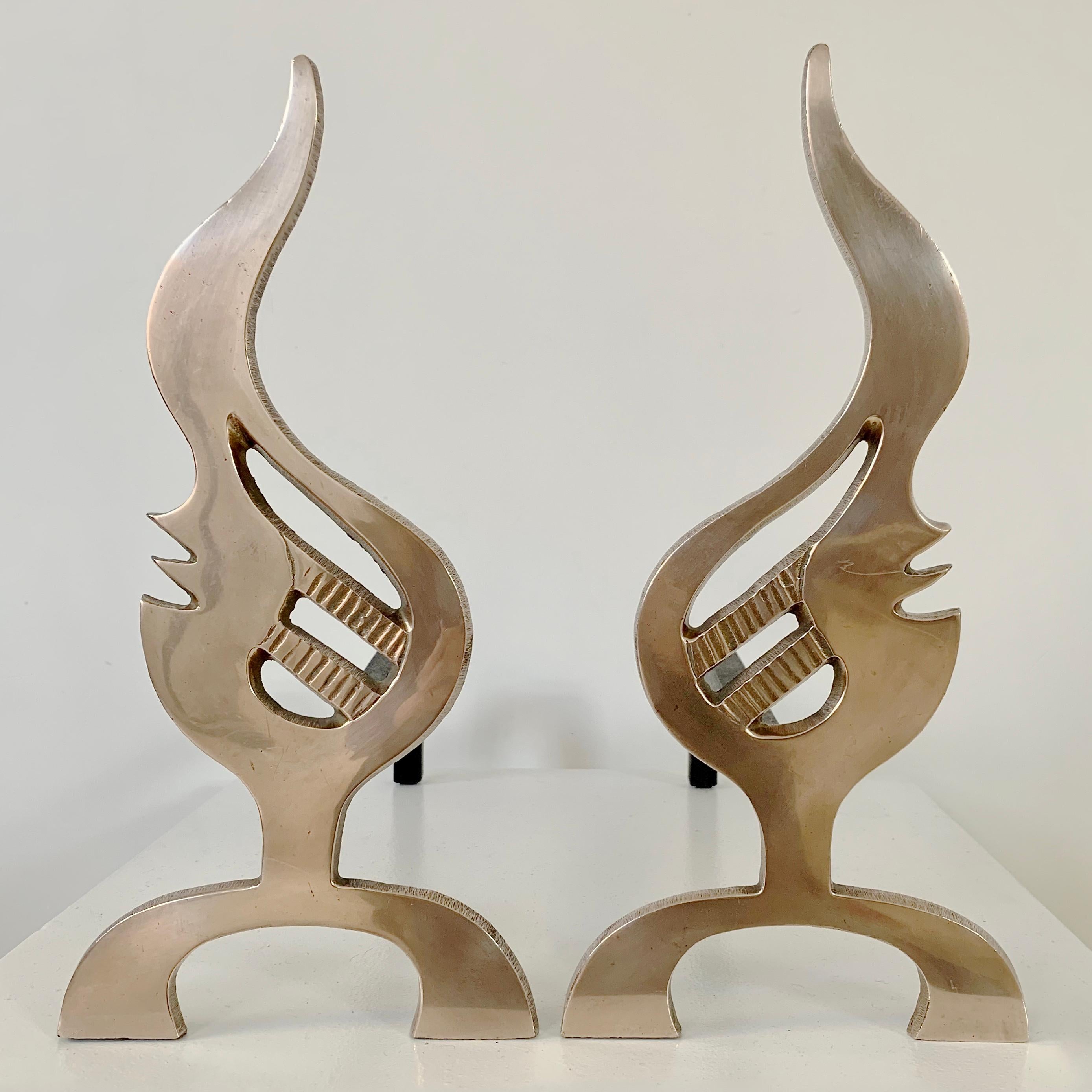 Mid-Century Modern Pair of Flame Brass Andirons, circa 1960, France. For Sale