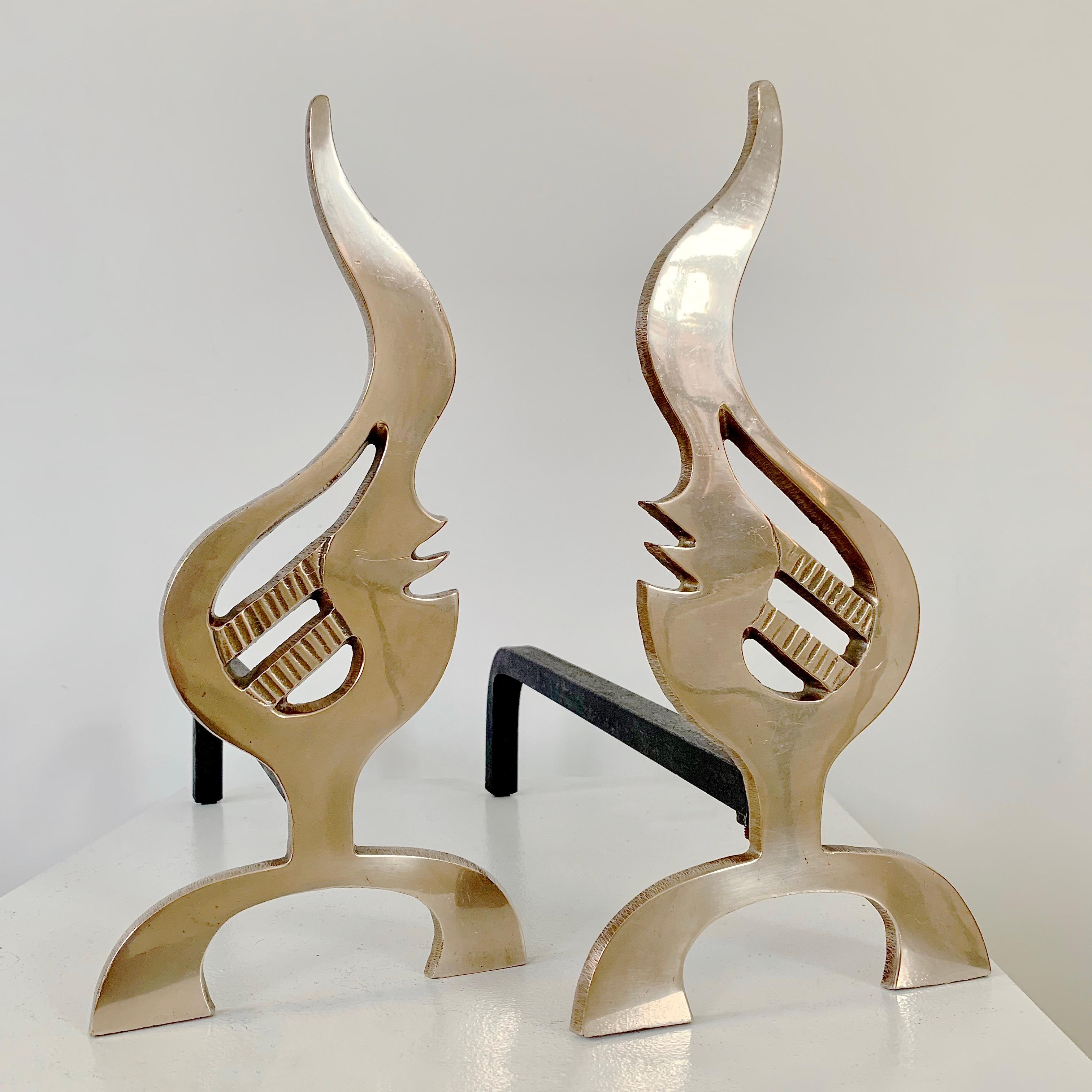 Polished Pair of Flame Brass Andirons, circa 1960, France. For Sale