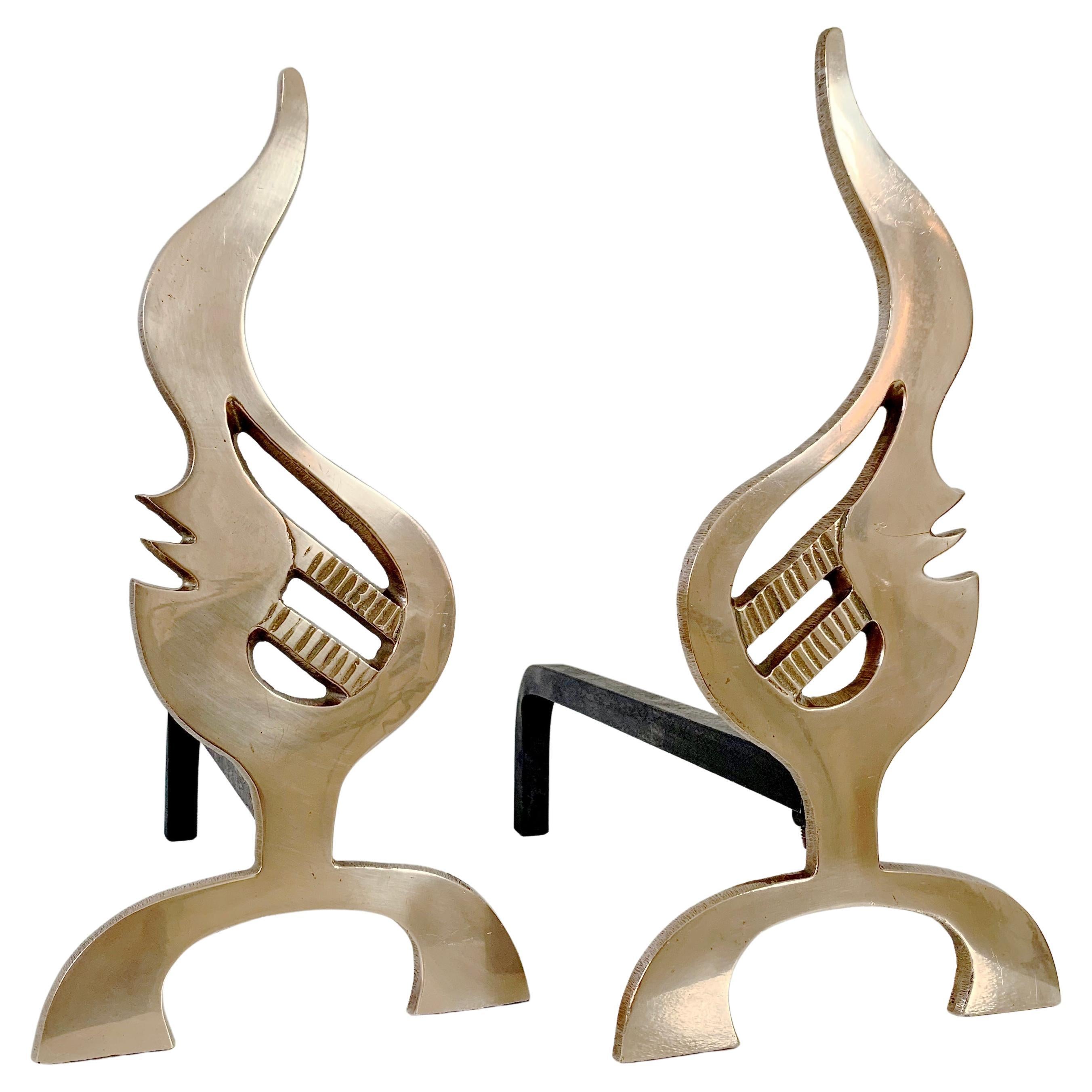 Pair of Flame Brass Andirons, circa 1960, France. For Sale