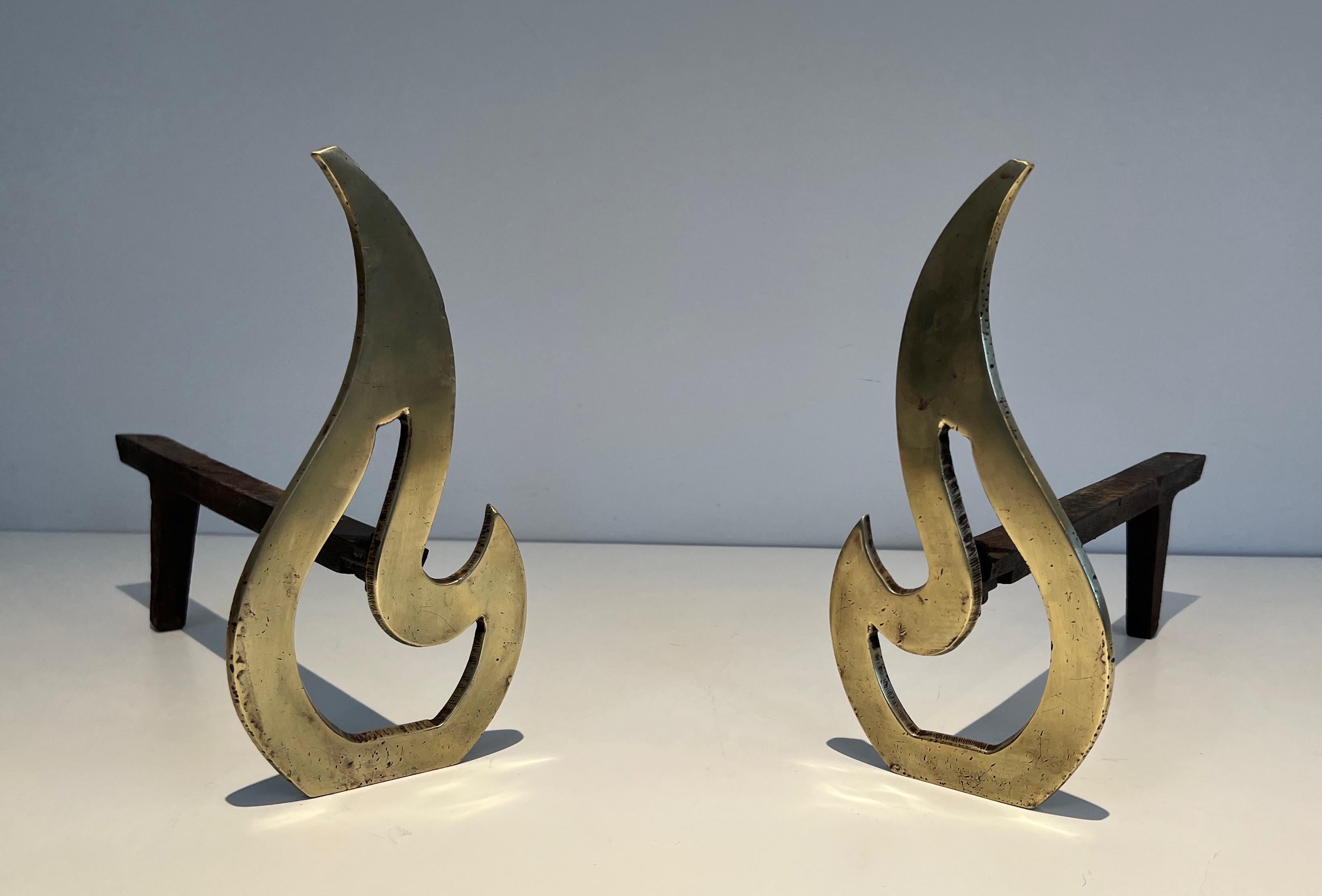 Pair of Flame Brass Andirons For Sale 5