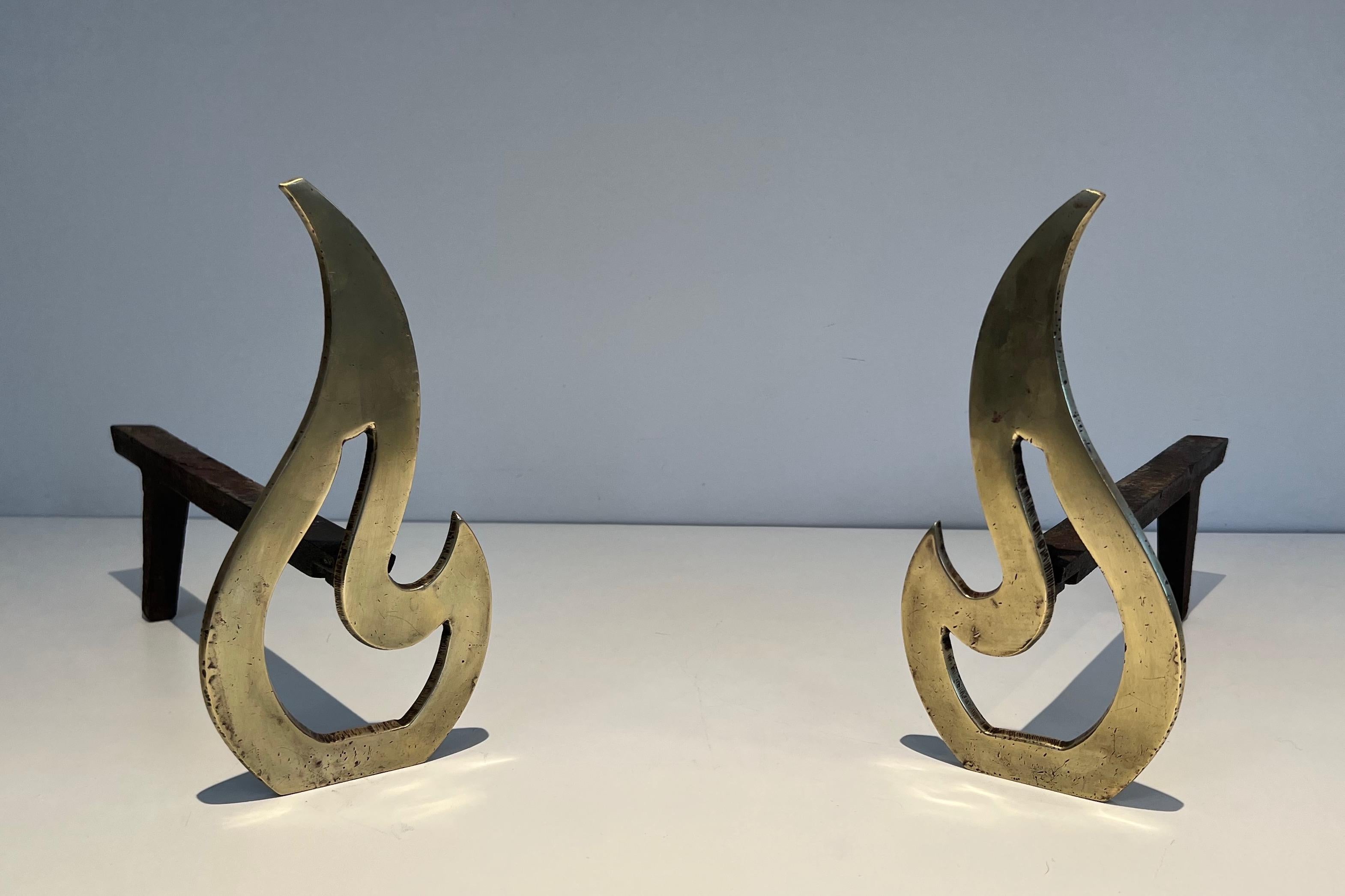 Mid-Century Modern Pair of Flame Brass Andirons For Sale