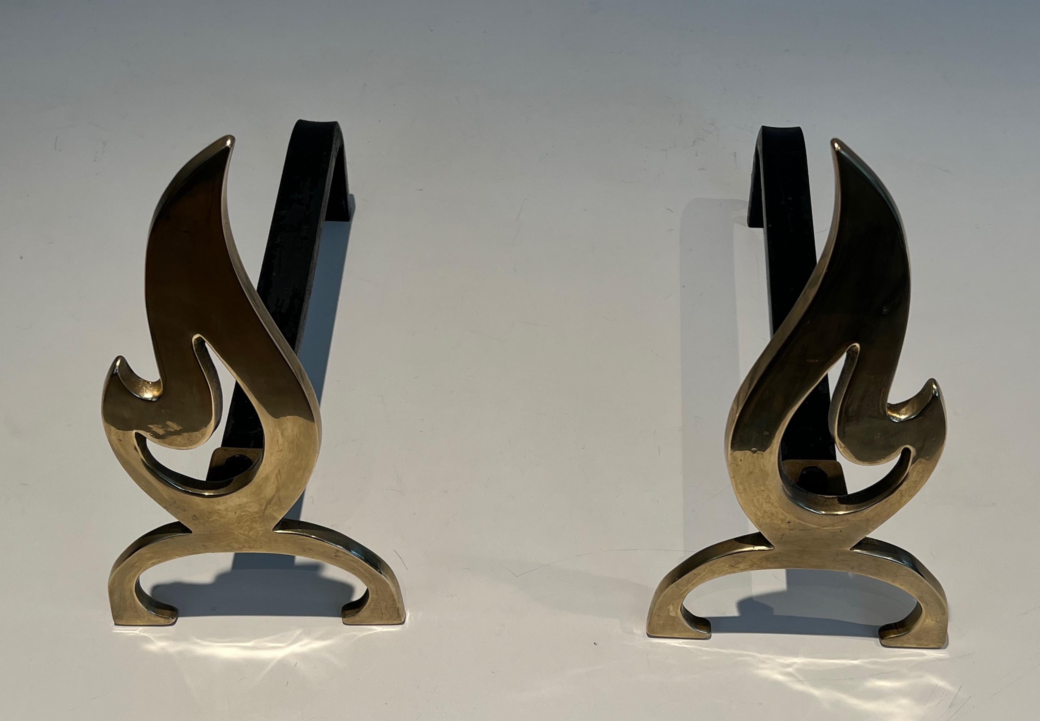 Late 20th Century Pair of Flame Brass Andirons For Sale