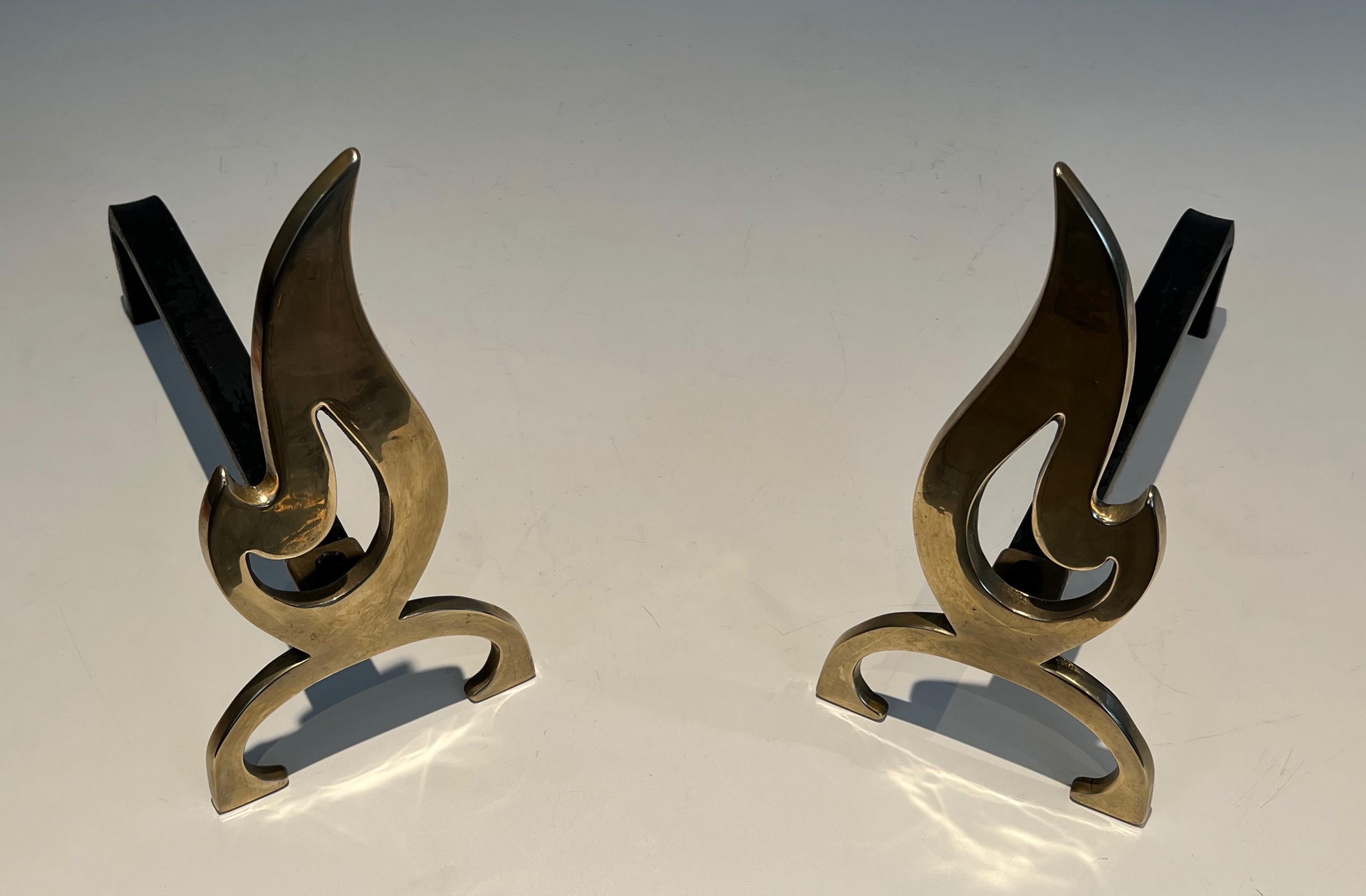 Pair of Flame Brass Andirons For Sale 1