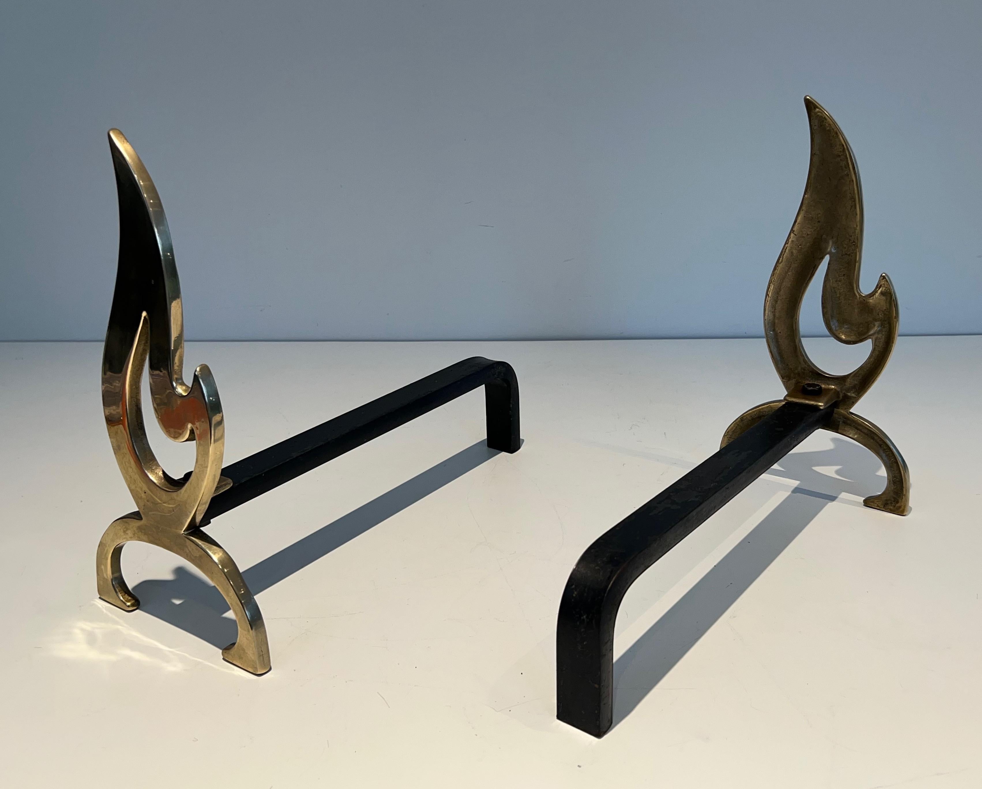 Pair of Flame Brass Andirons For Sale 3