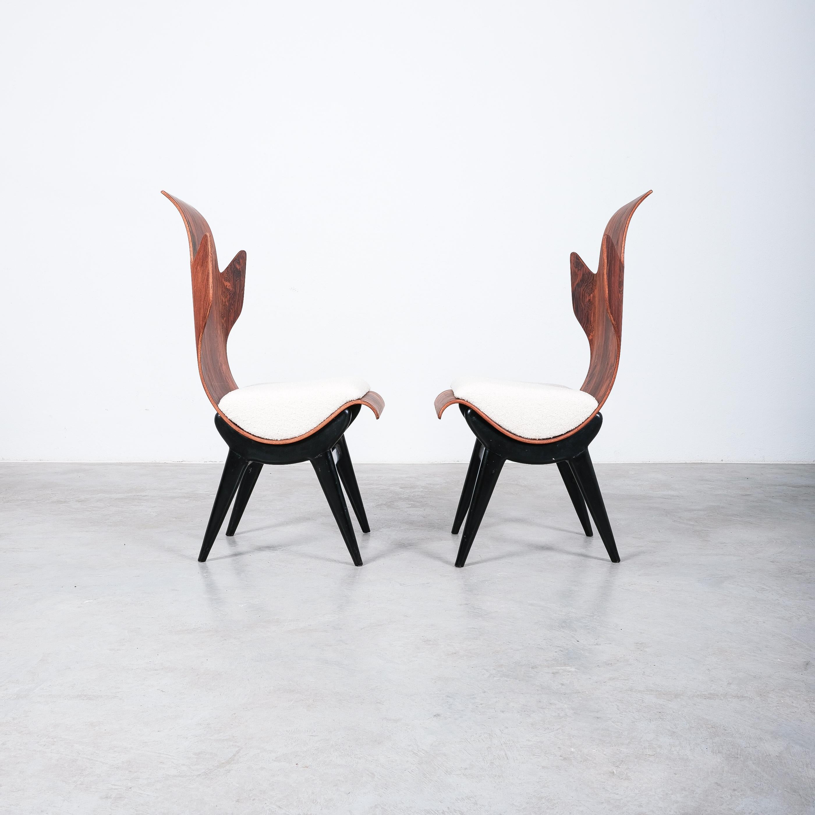 Pair of midcentury Italian Flame chairs newly upholstered, 1960s.

A pair of very rare and sculptural Pozzi & Verga model ‘2/R’ or ''Flame'' chairs, designed by Dante LaTorre. The chairs are made of bent, laminated rosewood on a black ash frame.
