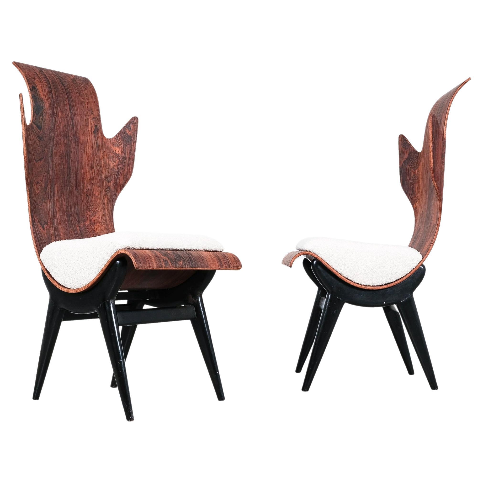Pair of "Flame" Rosewood Ecru White Bouclé Chairs by Dante LaTorre, Italy, 1960 For Sale