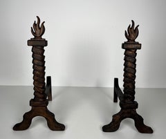 Pair of Flame Gilt Cast & Wrought Iron Andirons in the Styl of Gilbert Poillerat