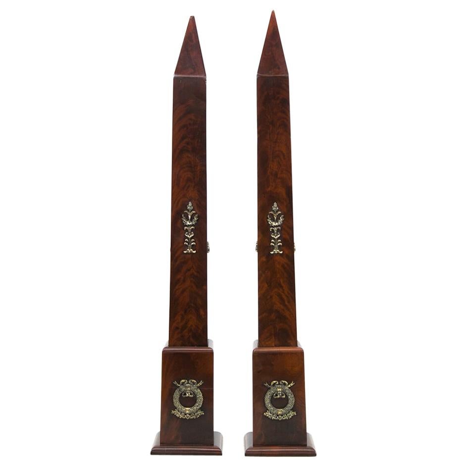 Pair of Flame Grained Mahogany Obelisks For Sale