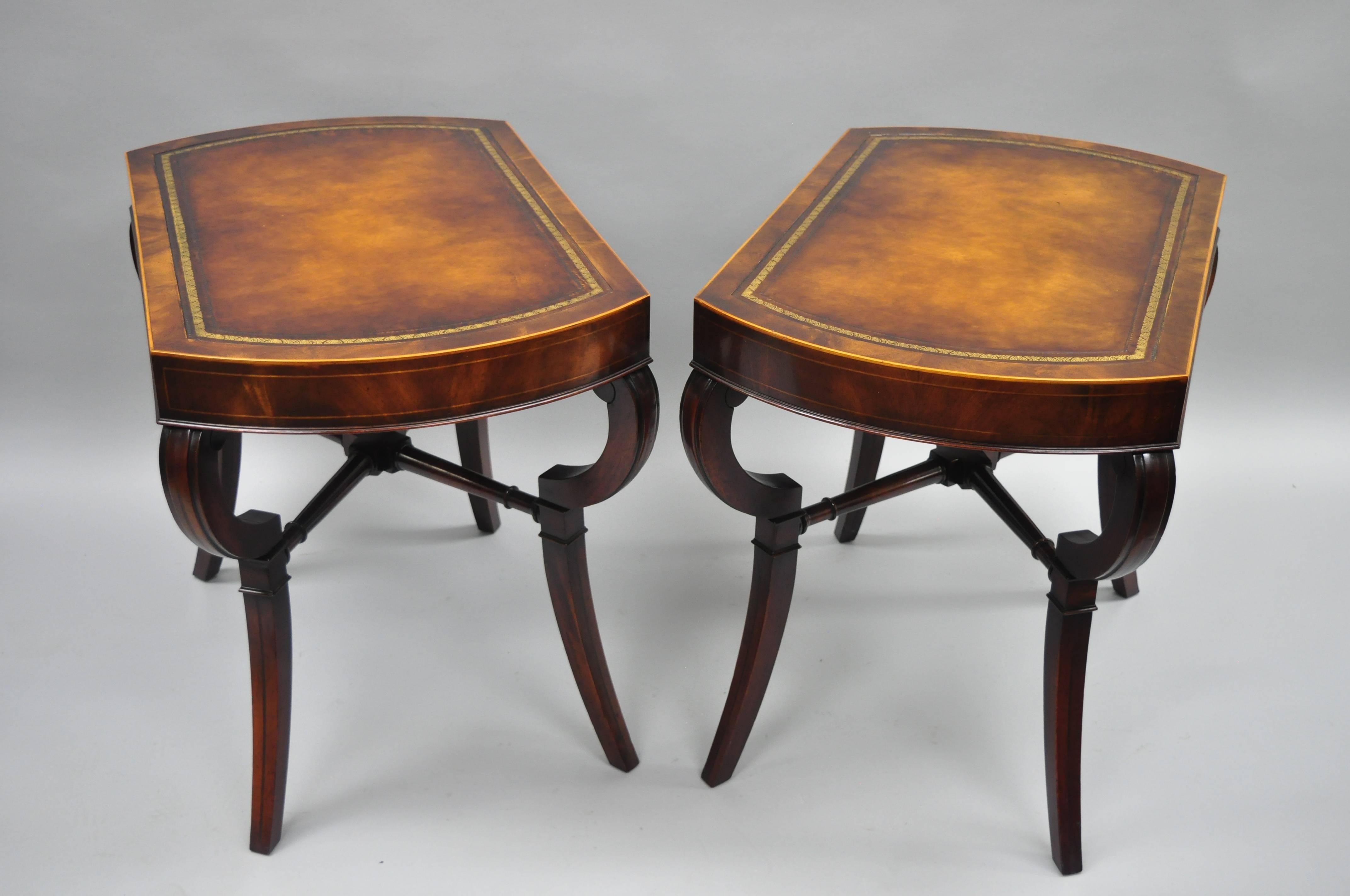 Pair of Flame Mahogany Leather Top English Regency Style Saber Leg End Tables 7