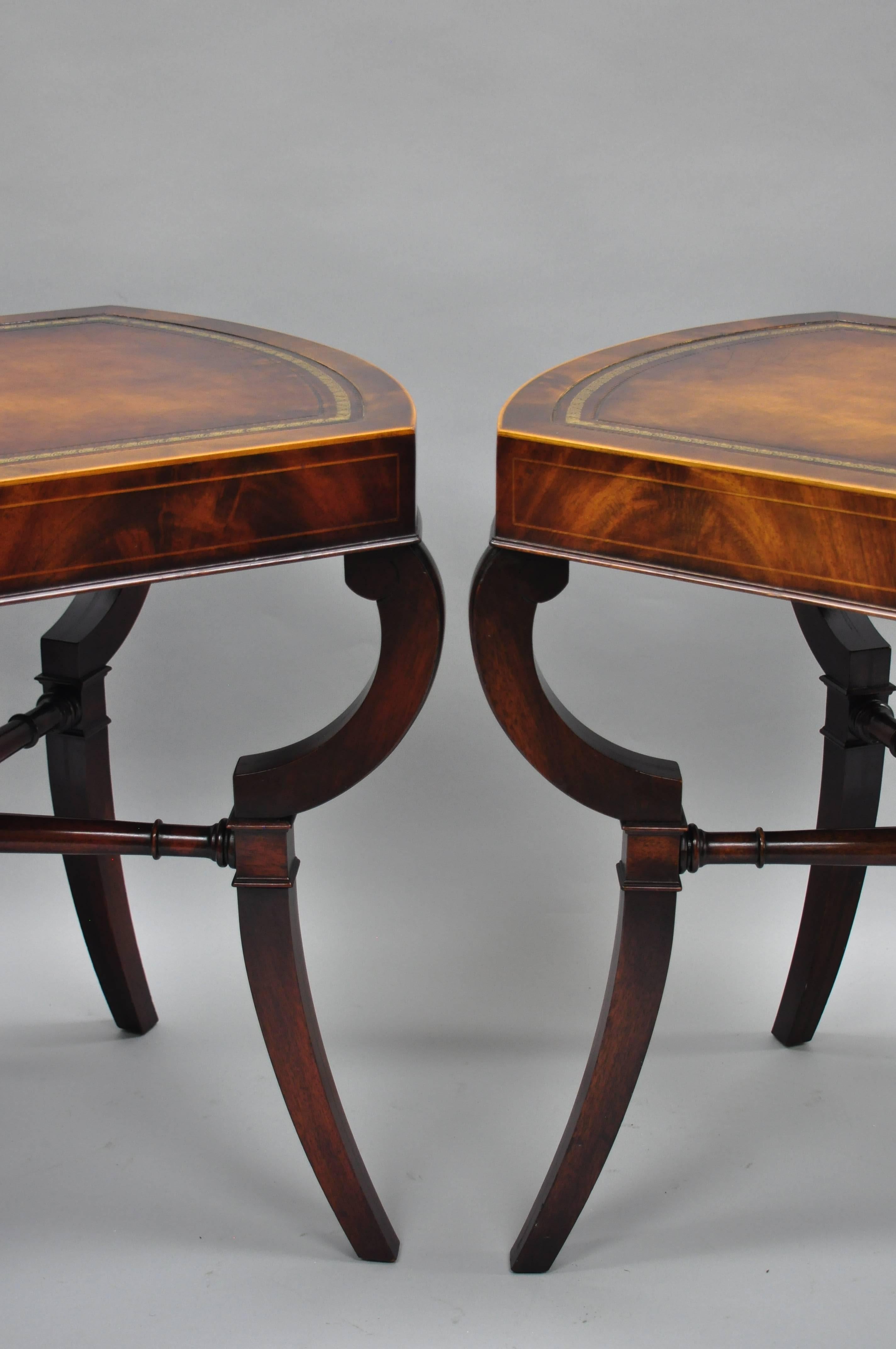 American Pair of Flame Mahogany Leather Top English Regency Style Saber Leg End Tables