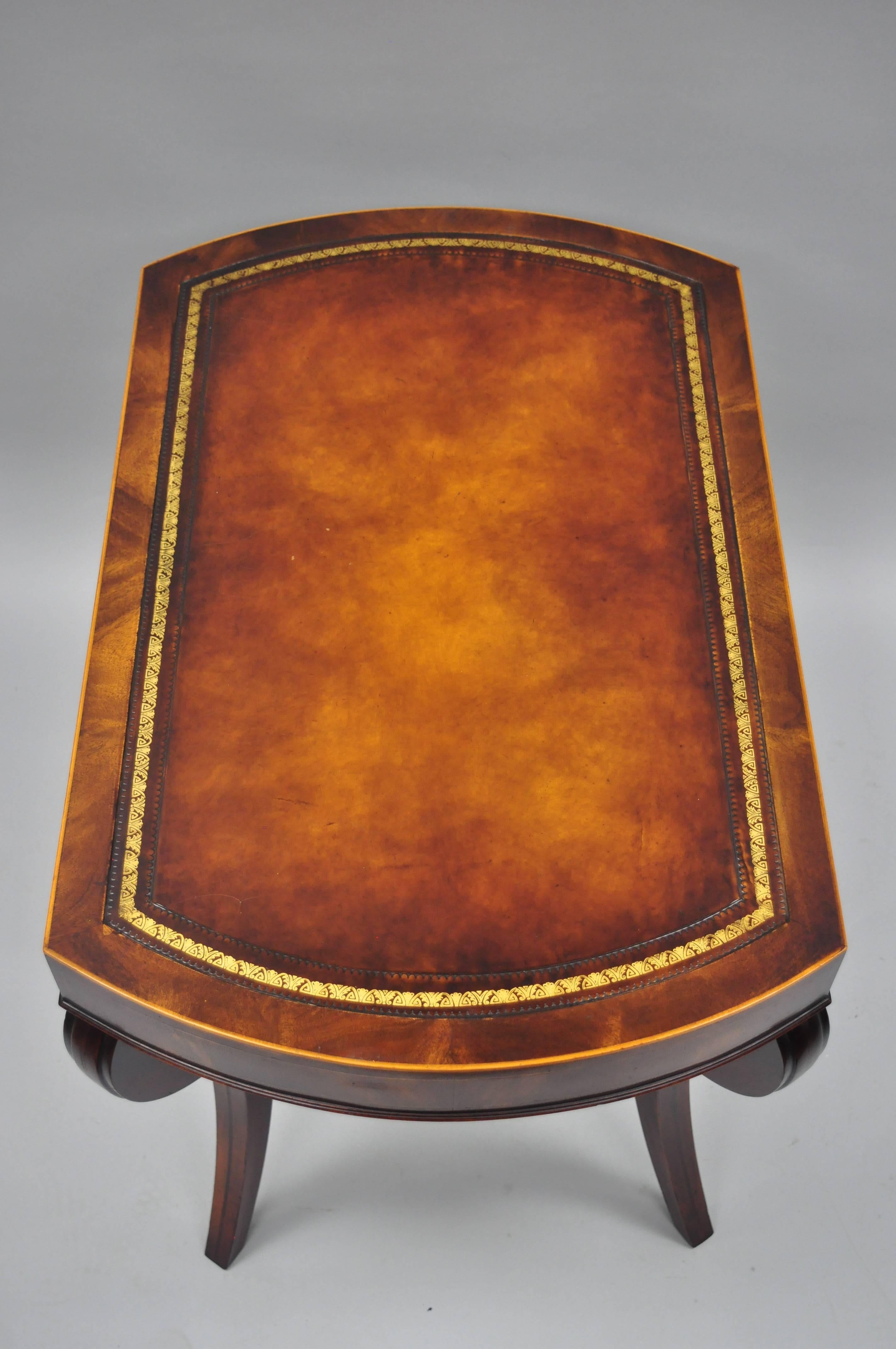 Pair of Flame Mahogany Leather Top English Regency Style Saber Leg End Tables In Excellent Condition In Philadelphia, PA