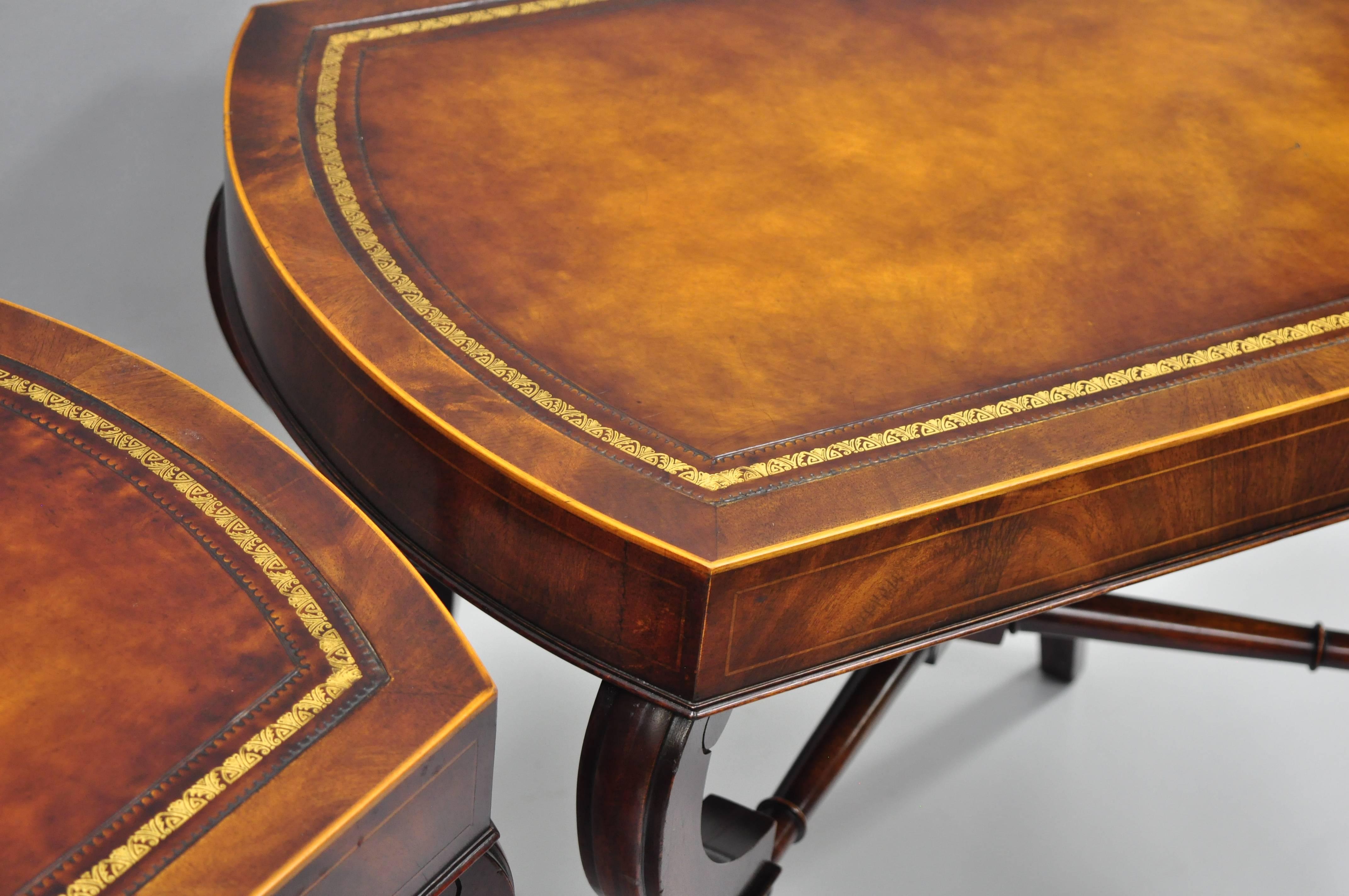 20th Century Pair of Flame Mahogany Leather Top English Regency Style Saber Leg End Tables