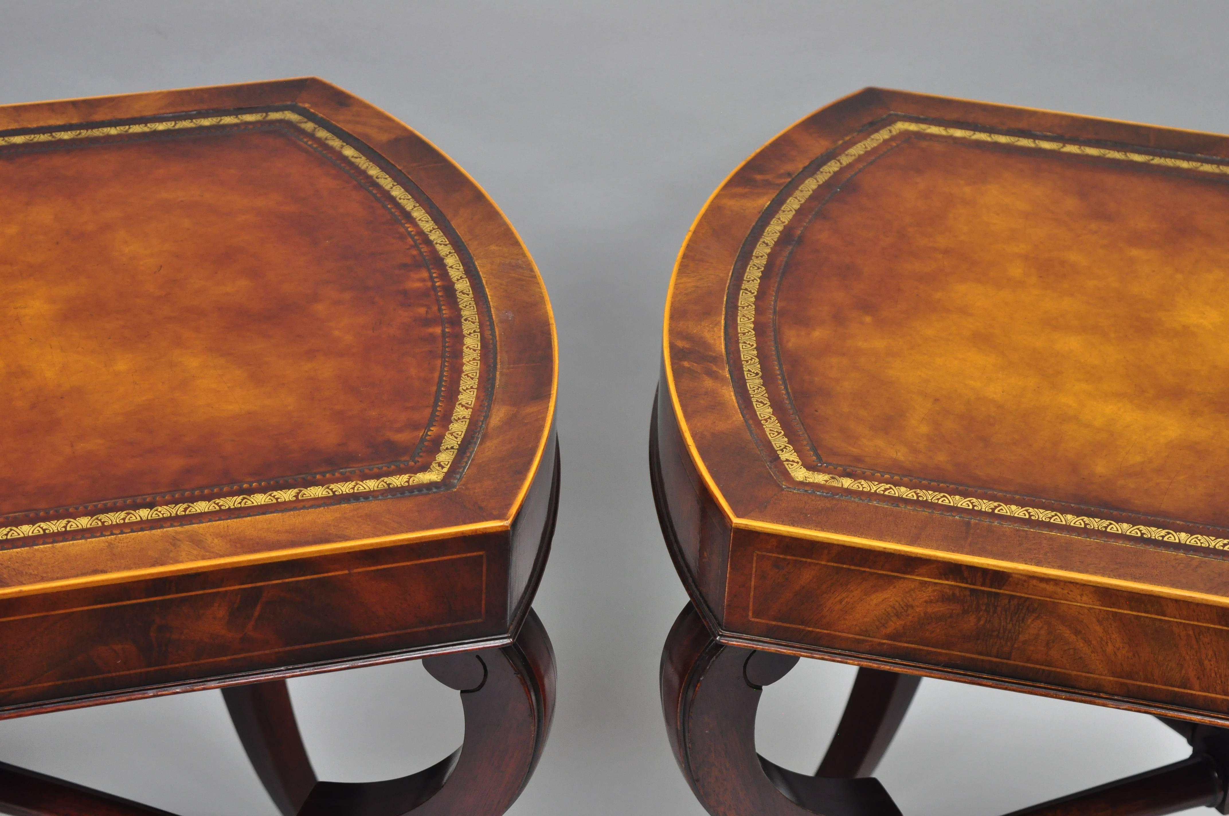 Pair of Flame Mahogany Leather Top English Regency Style Saber Leg End Tables 1