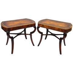 Pair of Flame Mahogany Leather Top English Regency Style Saber Leg End Tables