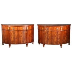 Pair of Flame Mahogany Satinwood Inlaid Sheraton Style Demilune Commodes Buffets