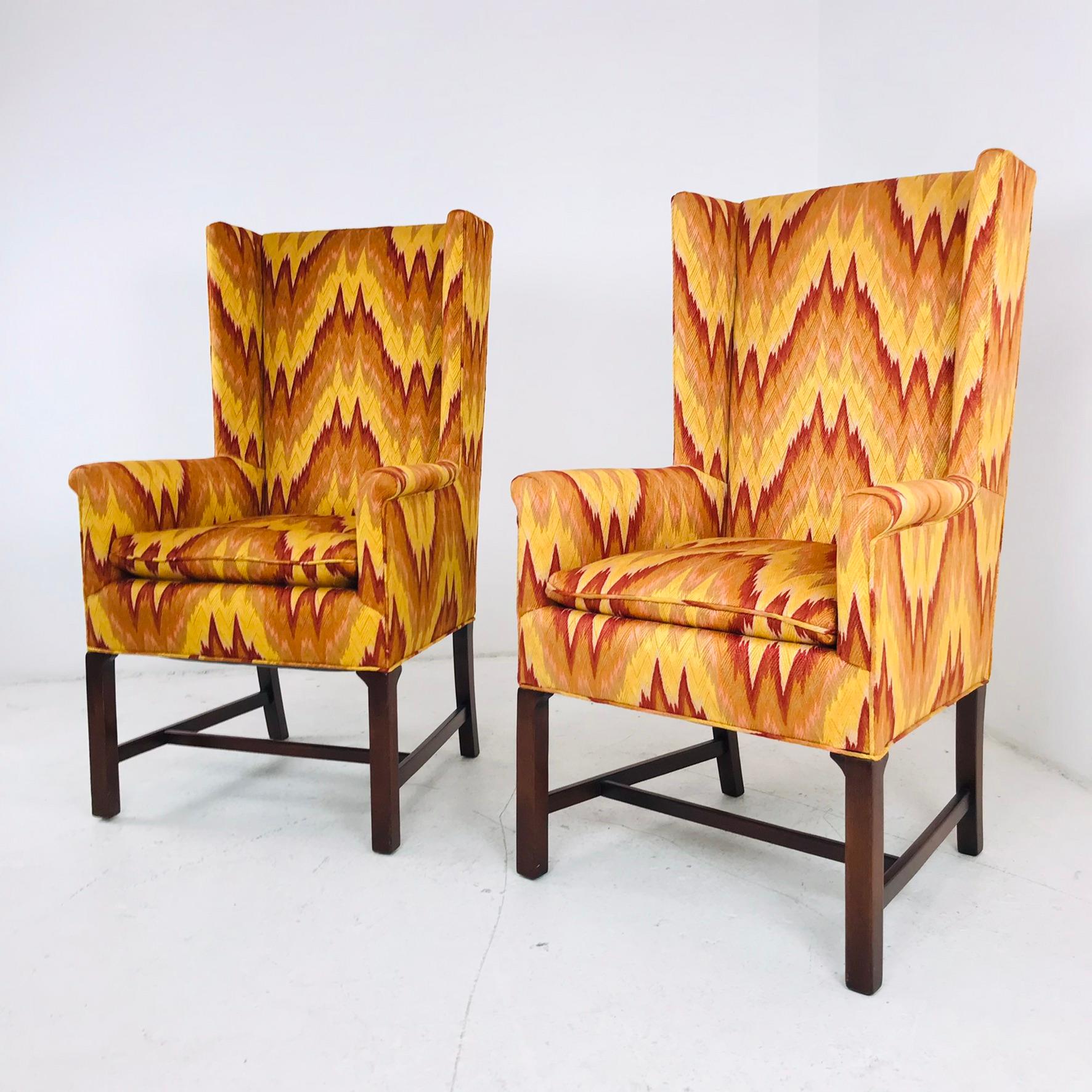 Pair of Flame Stitch High Back Square Wing Chairs For Sale 2