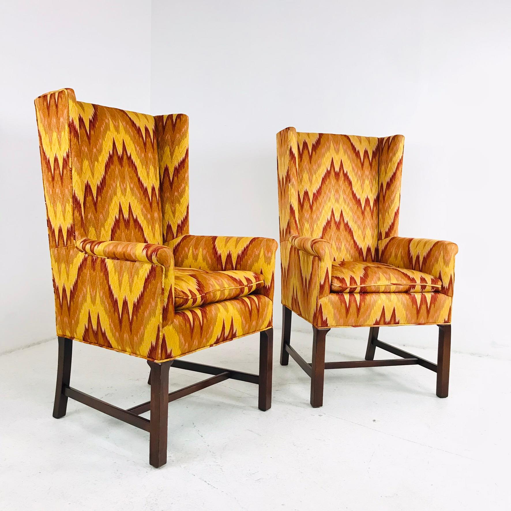 Pair of Flame Stitch High Back Square Wing Chairs For Sale 3