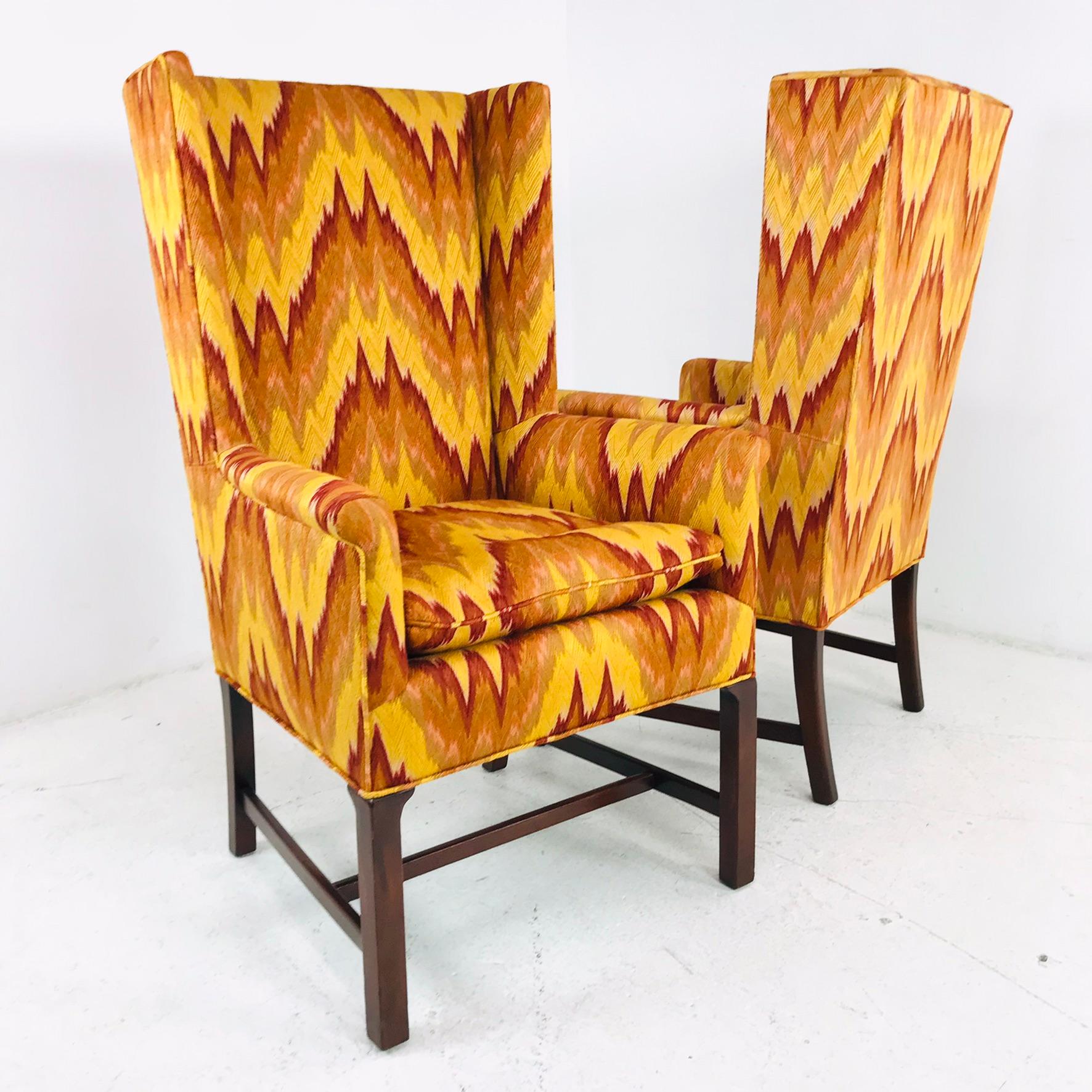 Mid-Century Modern Pair of Flame Stitch High Back Square Wing Chairs For Sale