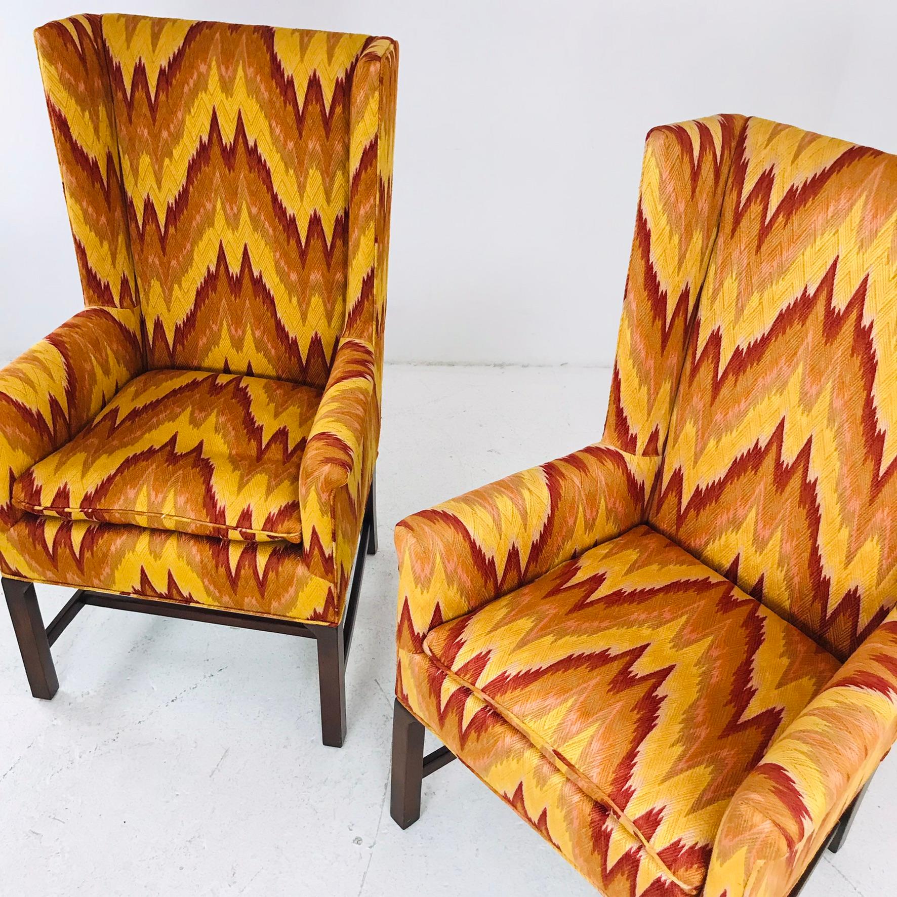 Pair of Flame Stitch High Back Square Wing Chairs In Good Condition For Sale In Dallas, TX