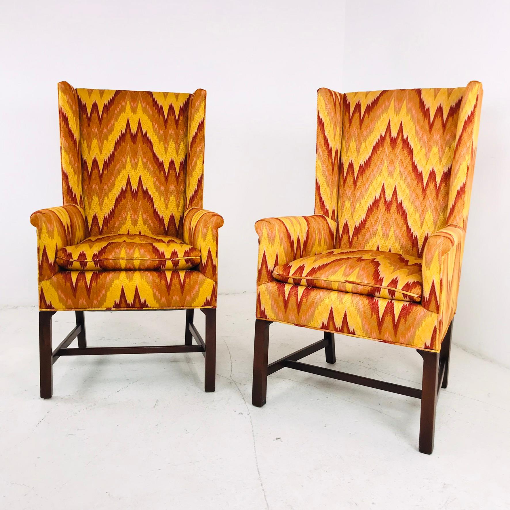 20th Century Pair of Flame Stitch High Back Square Wing Chairs For Sale