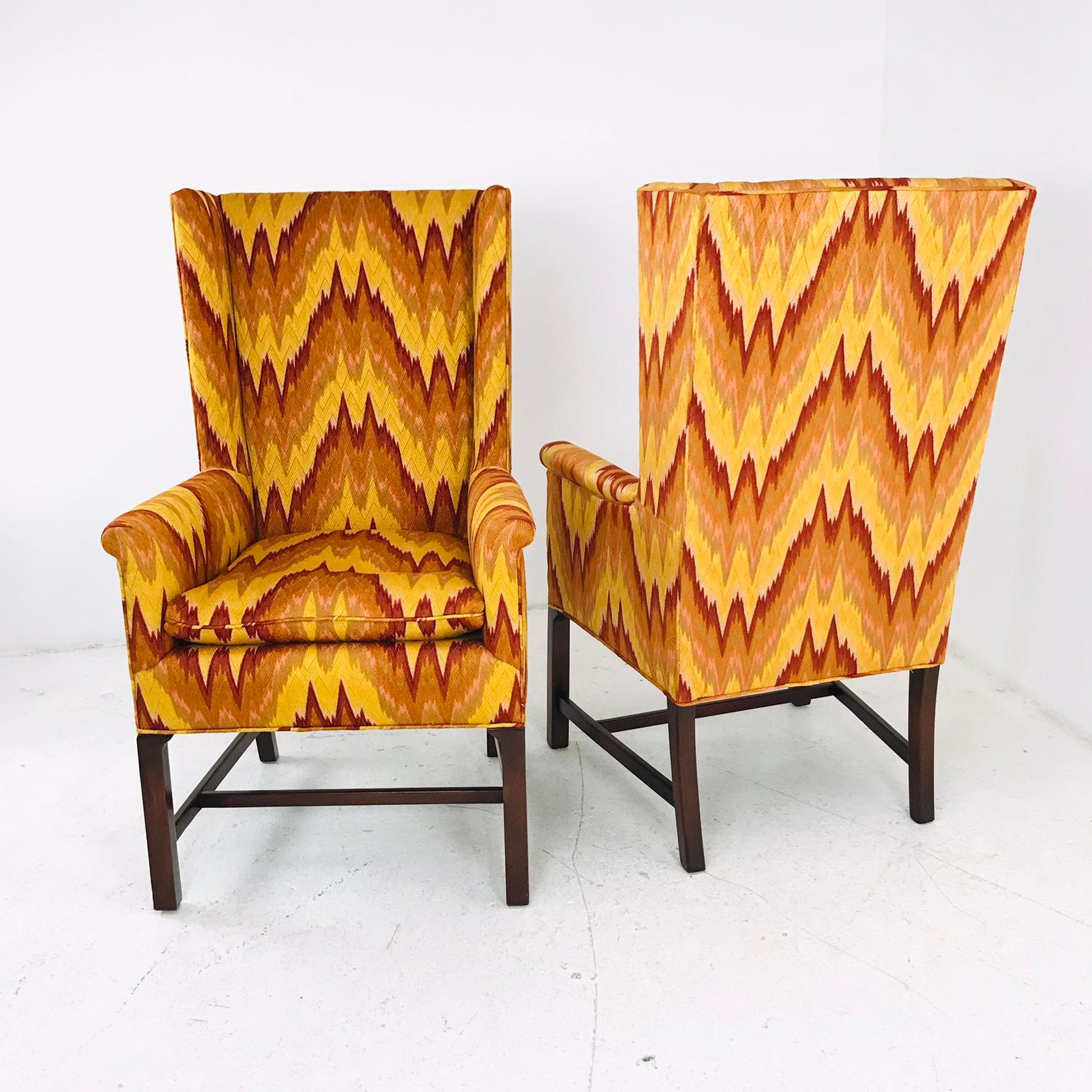 Pair of Flame Stitch High Back Square Wing Chairs For Sale 1