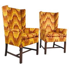 Pair of Flame Stitch High Back Square Wing Chairs