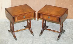 Pair of Flamed Hardwood Extending Side End Lamp Tables with Lion Paw Castors