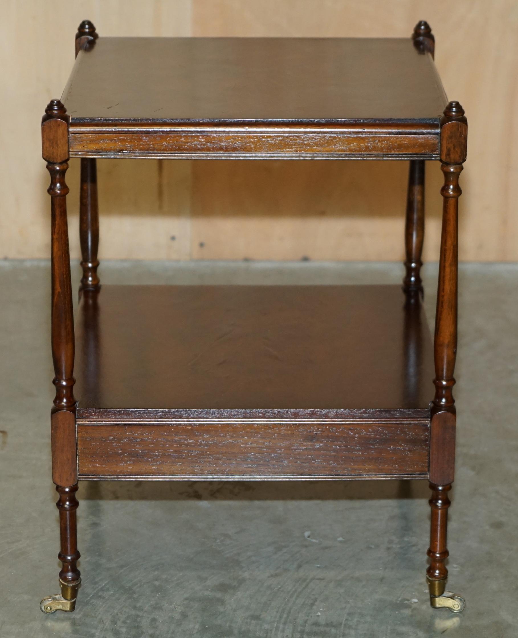 PAIR OF FLAMED HARDWOOD TWO TIER SIDE END LAMP WINE TABLES WITH SINGLE DRAWERs For Sale 2