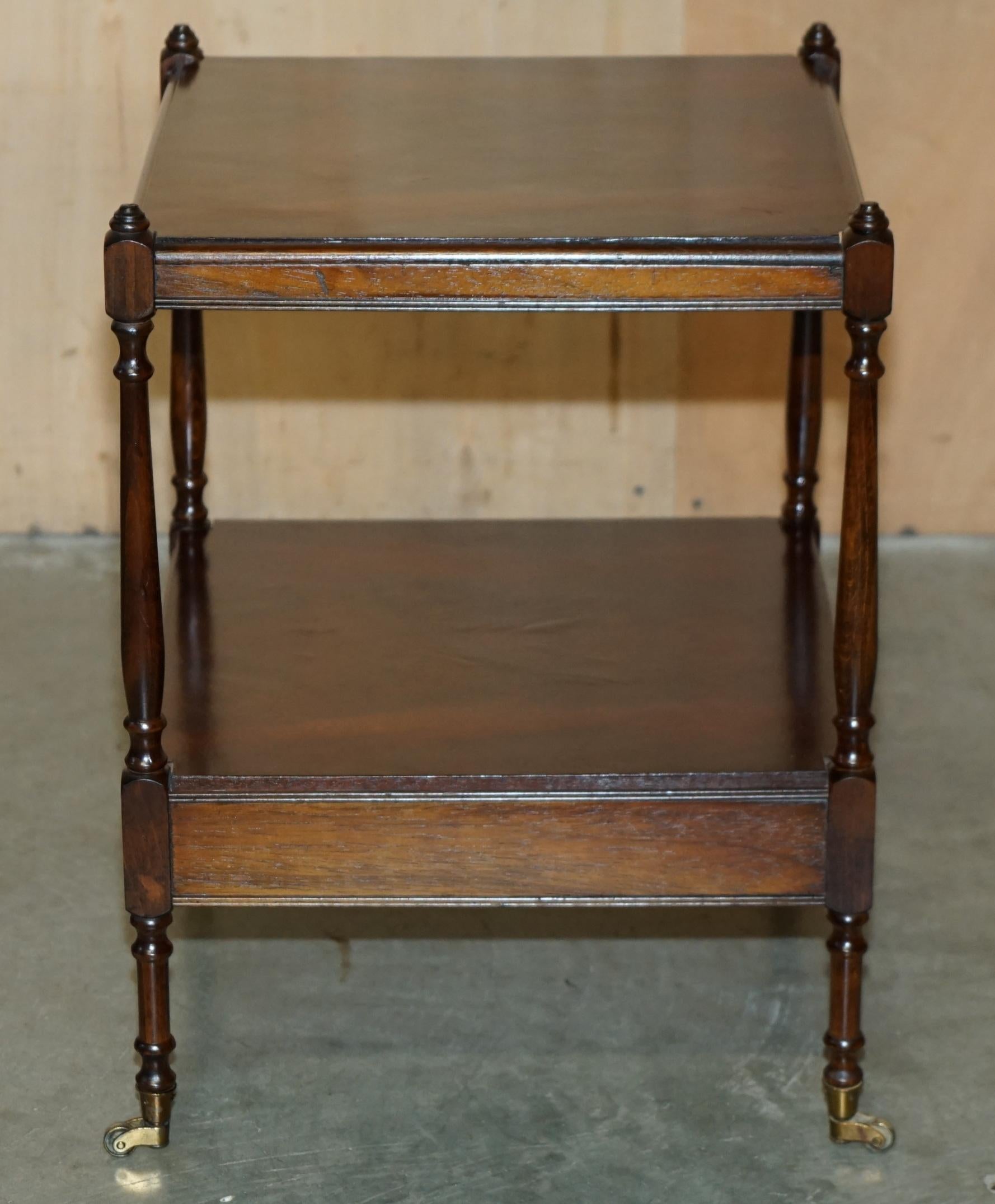 PAIR OF FLAMED HARDWOOD TWO TIER SIDE END LAMP WINE TABLES WITH SINGLE DRAWERs For Sale 4