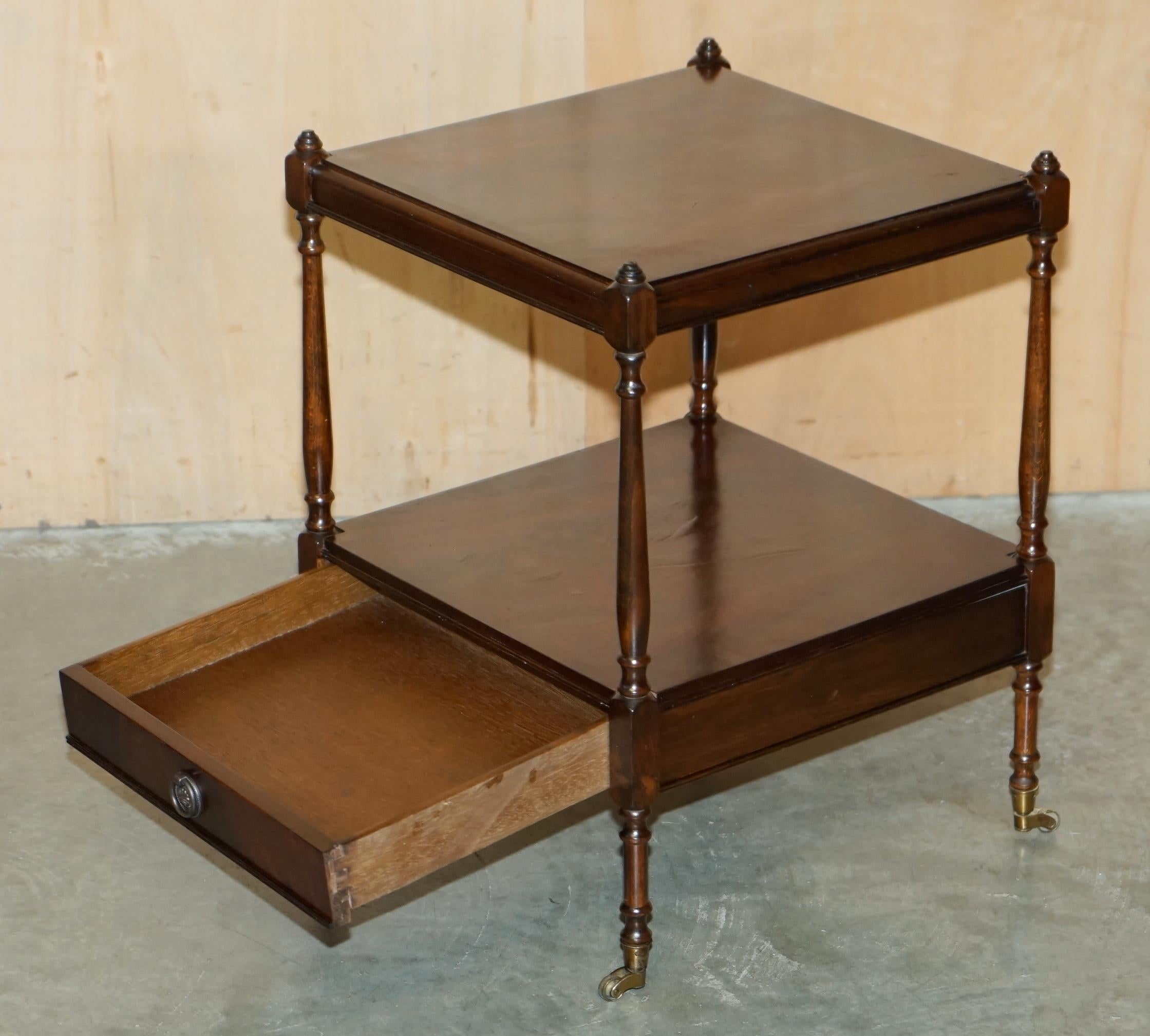 PAIR OF FLAMED HARDWOOD TWO TIER SIDE END LAMP WINE TABLES WITH SINGLE DRAWERs For Sale 5