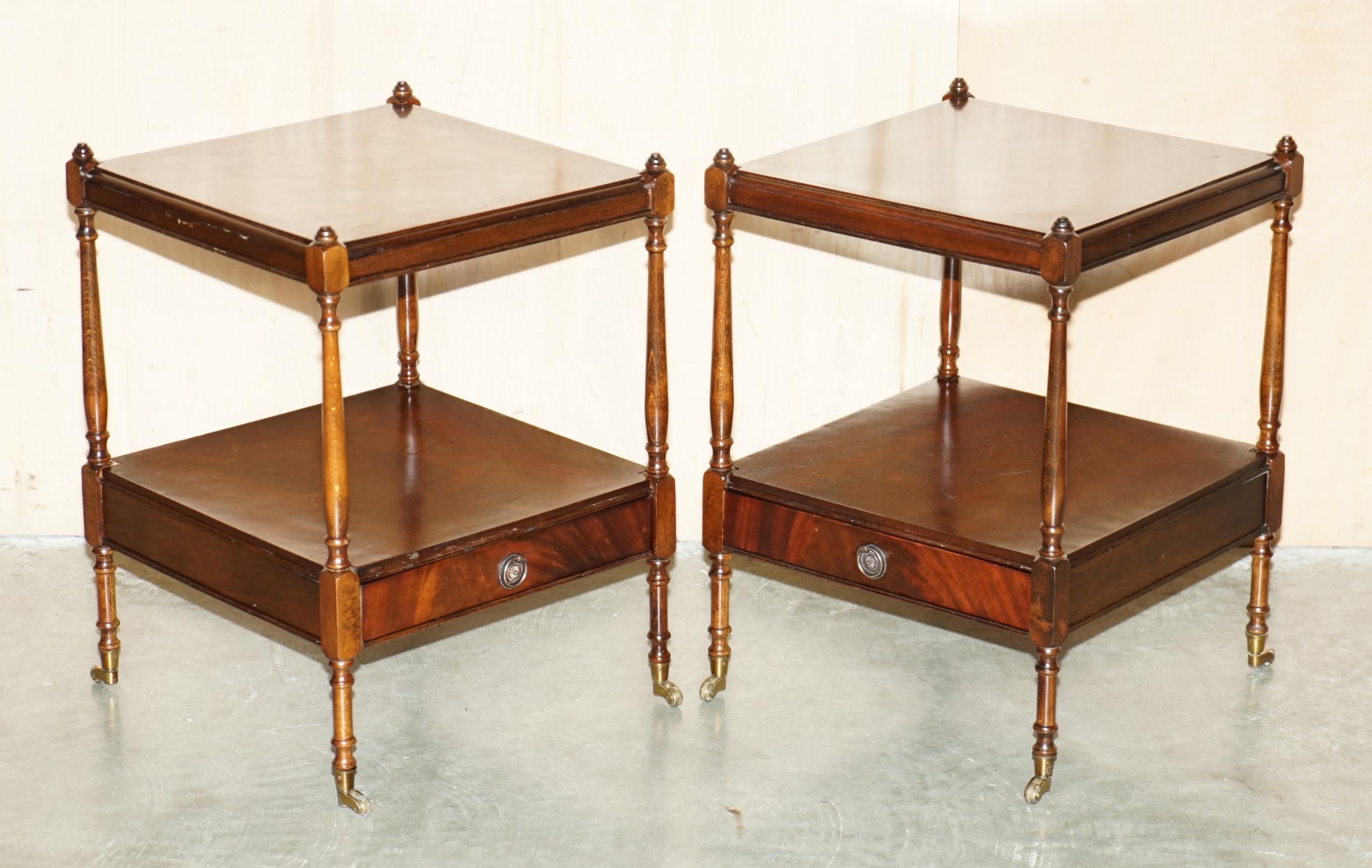Royal House Antiques

Royal House Antiques is delighted to offer for sale this stunning pair of vintage Flamed Mahogany two tier side end lamp wine tables with nice castors and single drawers 

Please note the delivery fee listed is just a guide, it