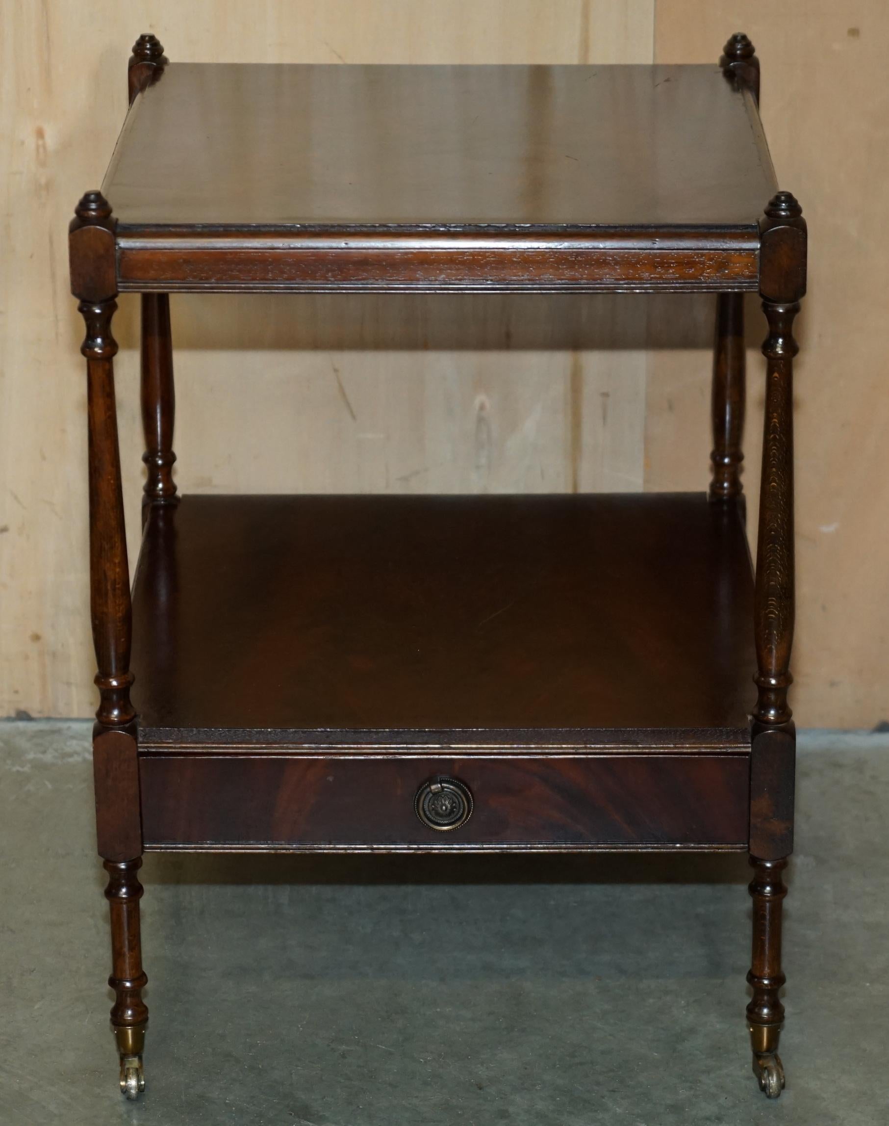 English PAIR OF FLAMED HARDWOOD TWO TIER SIDE END LAMP WINE TABLES WITH SINGLE DRAWERs For Sale