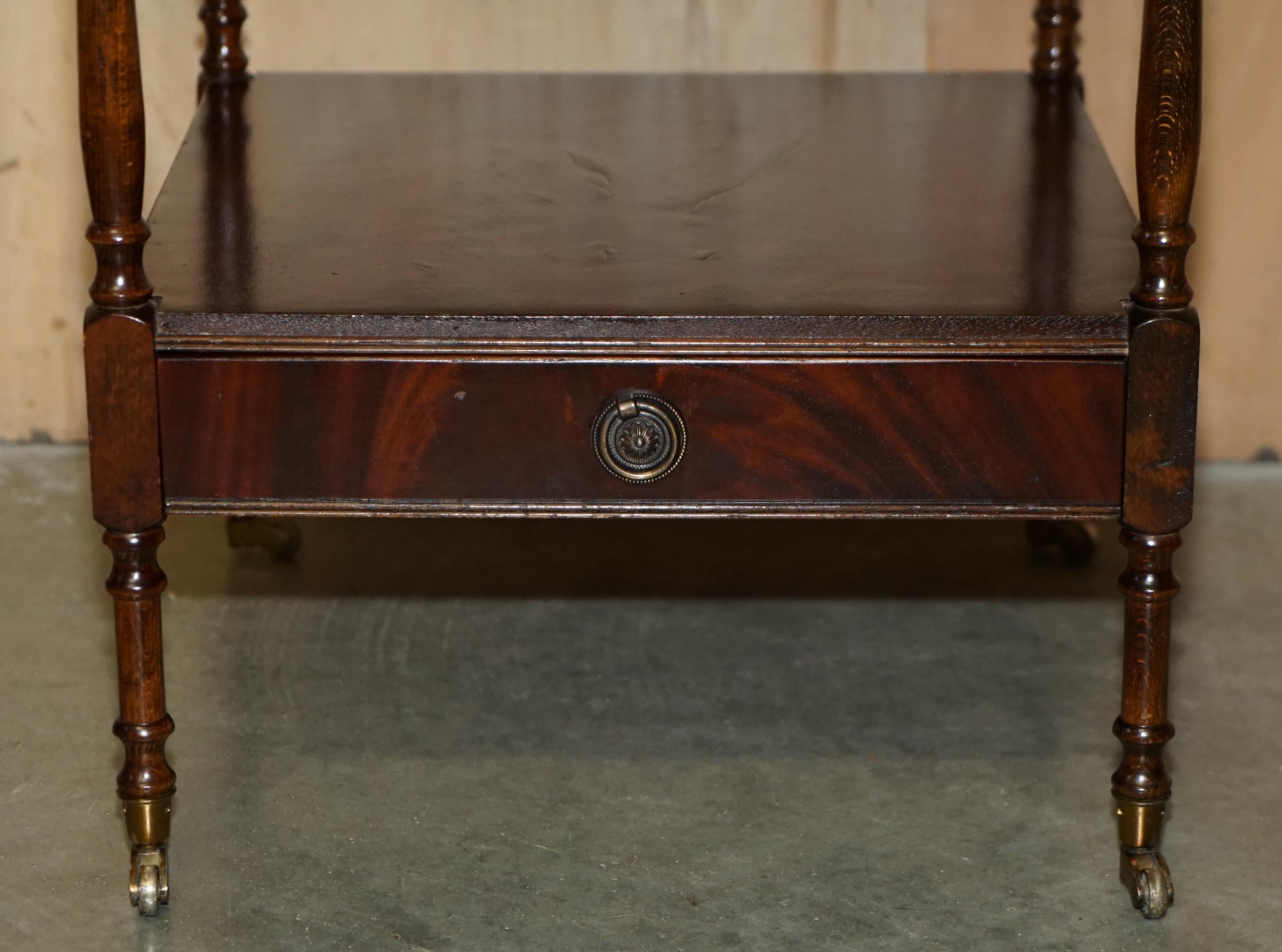 20th Century PAIR OF FLAMED HARDWOOD TWO TIER SIDE END LAMP WINE TABLES WITH SINGLE DRAWERs For Sale