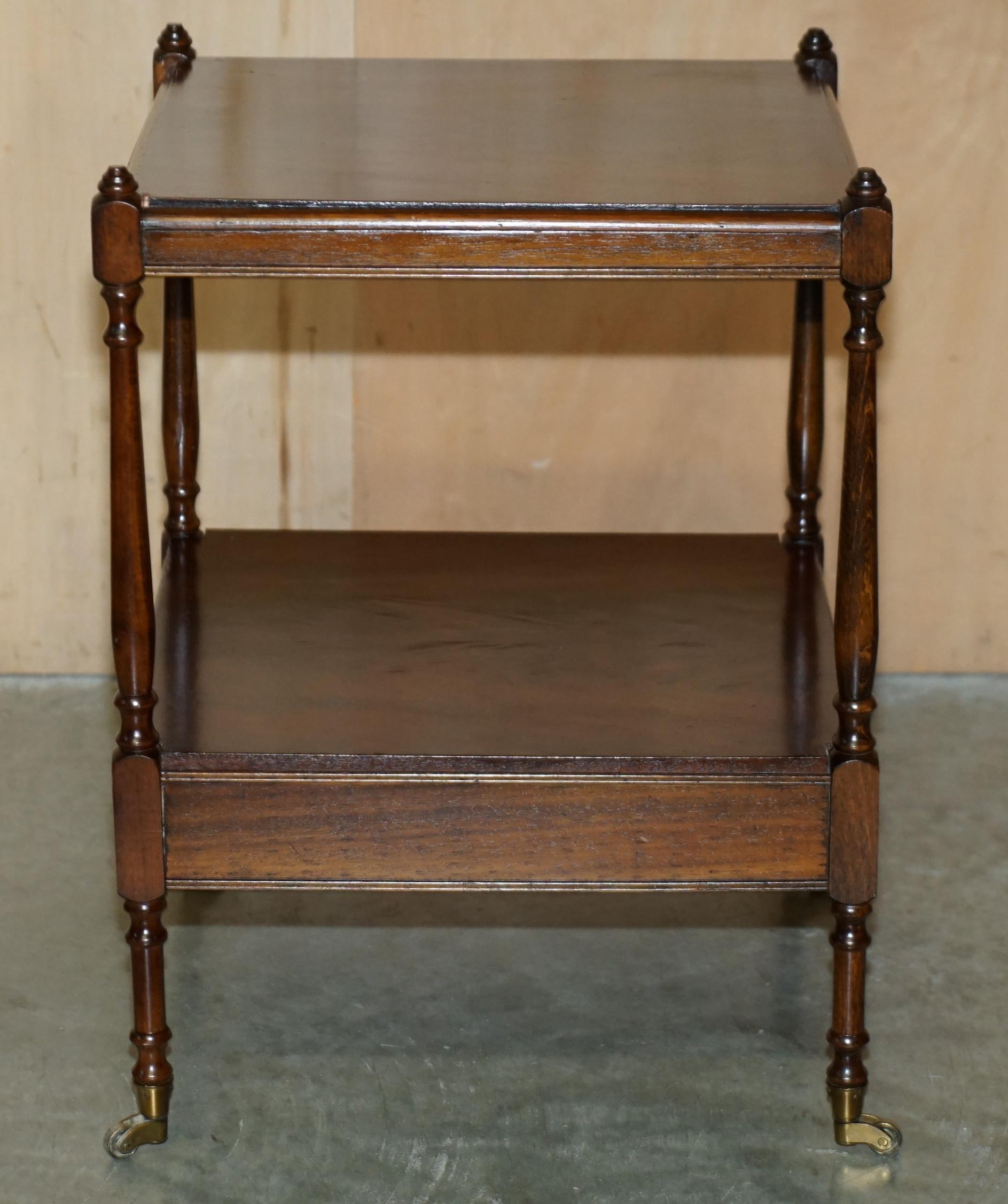 PAIR OF FLAMED HARDWOOD TWO TIER SIDE END LAMP WINE TABLES WITH SINGLE DRAWERs For Sale 1