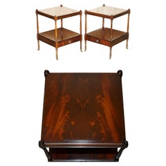 PAIR OF FLAMED HARDWOOD TWO TIER SIDE END LAMP WINE TABLES WITH SINGLE DRAWERs