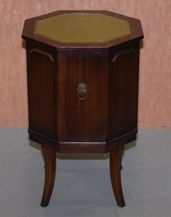 Pair of Flamed Mahoagny Green Leather Topped Side End Lamp Wine Cupboard Tables