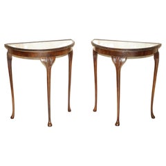 Pair of Flamed Hardwood Vintage Demi Lune Console Side Tables with Glass Tops